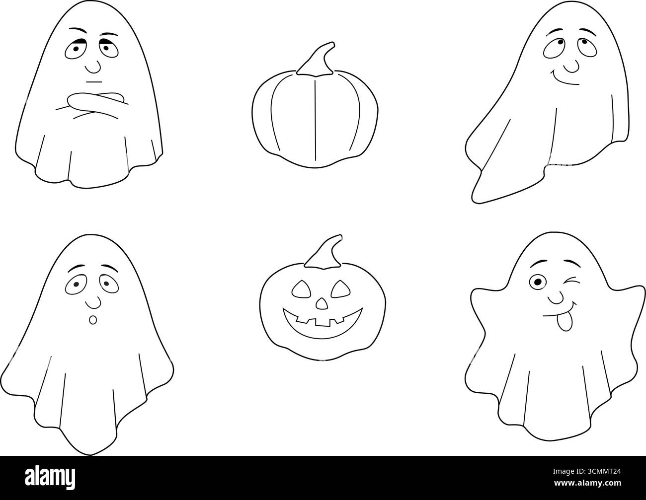 Delineare il set di immagini di Halloween. Buffi fantasmi e zucche. Illustrazione vettoriale con sfondo trasparente. Illustrazione Vettoriale