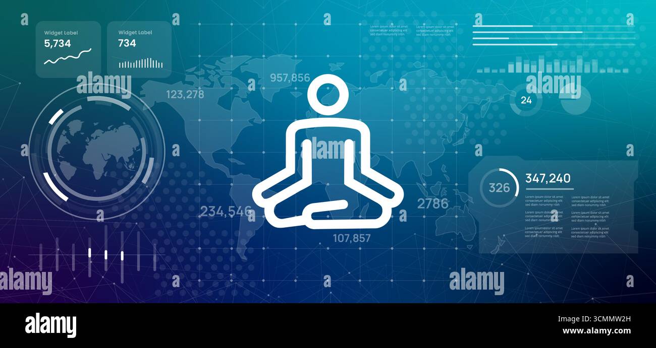 La consapevolezza della disintossicazione digitale trova l'equilibrio in un mondo basato sulla tecnologia la persona del cruscotto digitale high-tech che medita il benessere sereno Illustrazione Vettoriale