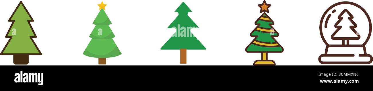 Alberi di Natale vettori con disegni, ornamenti e decorazioni natalizie. Perfetto per biglietti di vacanza, poster, banner, feste invernali, progetti festivi. Illustrazione Vettoriale