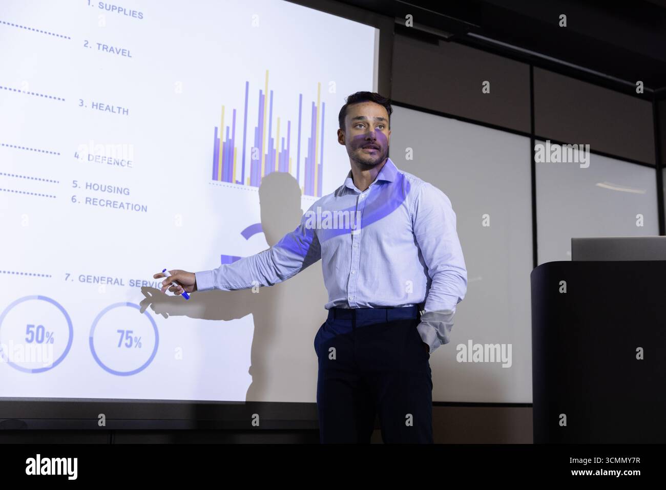 Maschio ispanico che indica il grafico a barre, l'elenco puntato, le percentuali nella sala riunioni utilizzando il puntatore Foto Stock