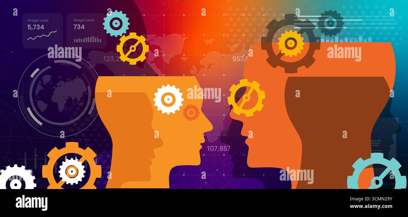 illustrazione concettuale teste umane con ingranaggi che rappresentano il brainstorming e la collaborazione tra intelligenza umana e macchina high-tech Illustrazione Vettoriale