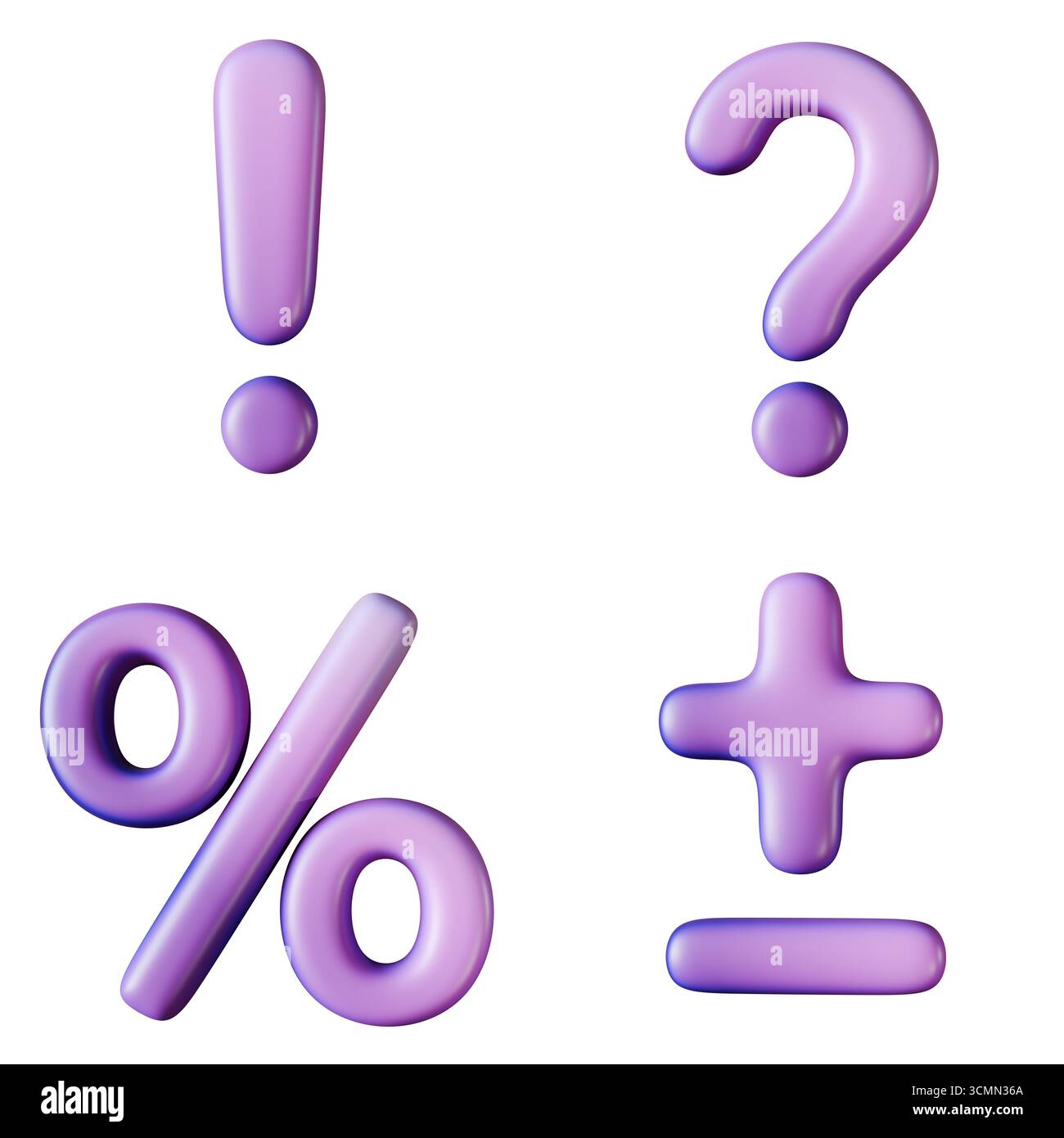 Simbolo di vendita viola Imposta il segno percentuale, il punto interrogativo, il punto esclamativo e l'illustrazione di rendering 3D più e meno isolata su sfondo bianco Foto Stock