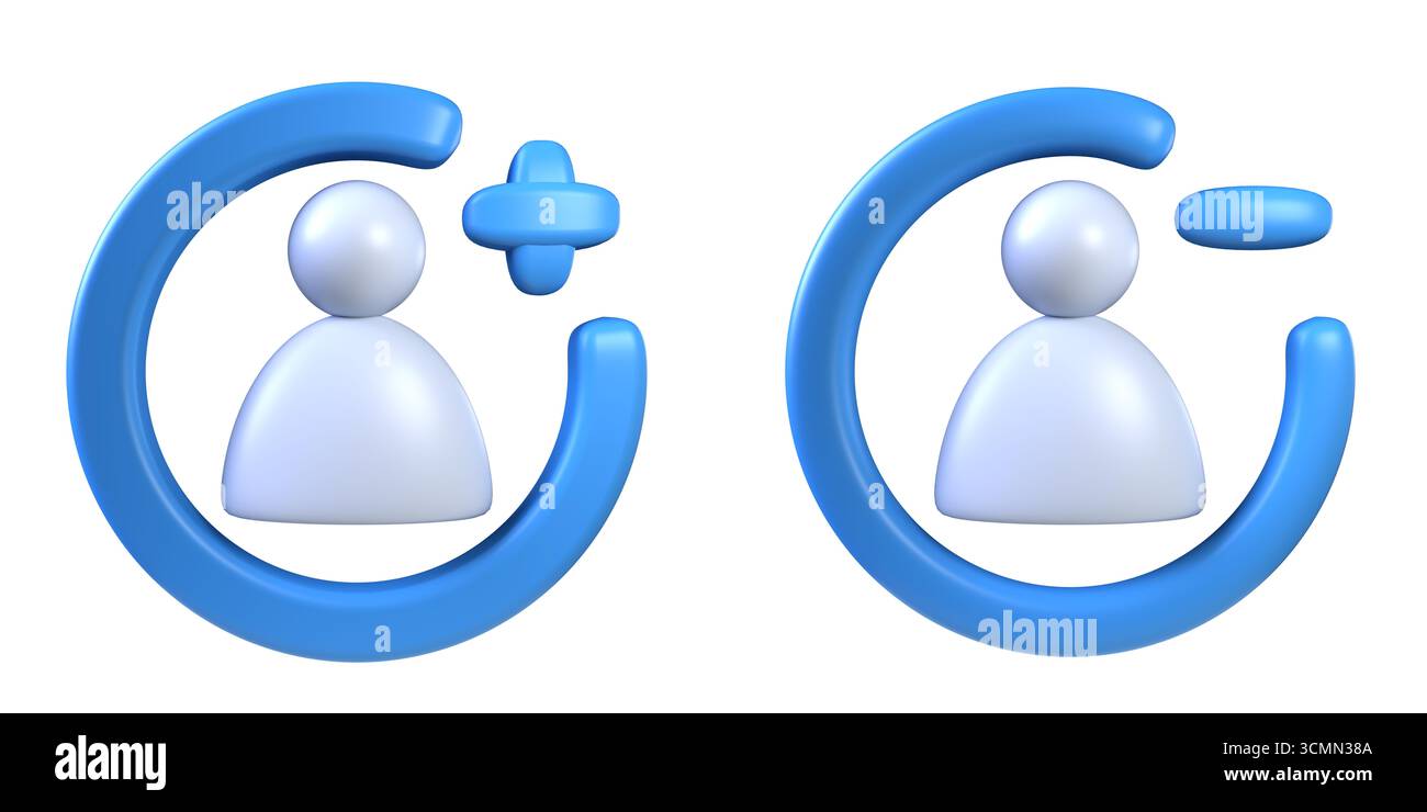 Set di icone utente forma circolare Aggiungi e rimuovi illustrazione di rendering 3D concept isolata su sfondo bianco Foto Stock