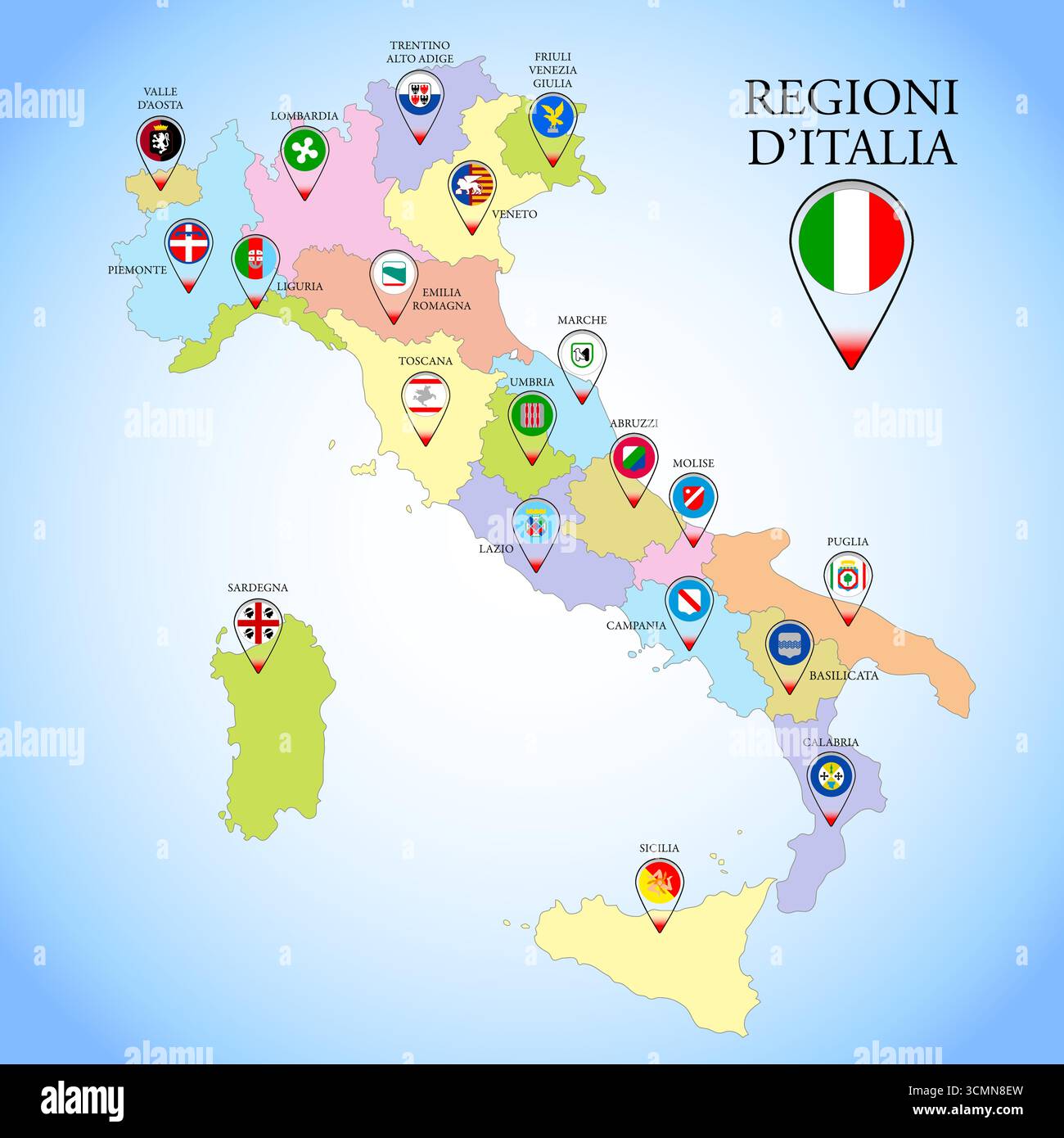 Italia, icone rotonde delle bandiere delle regioni della Repubblica italiana sulla mappa, illustrazione vettoriale Illustrazione Vettoriale