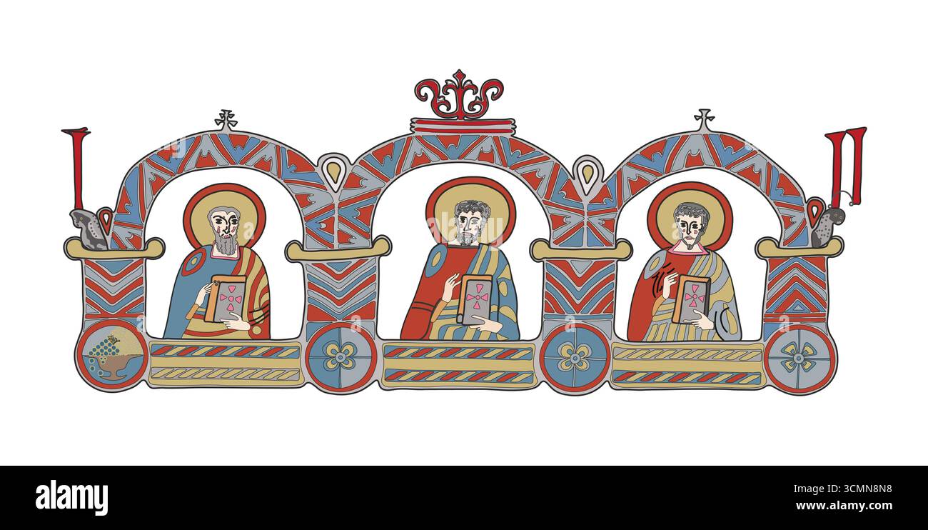 Illustrazione vettoriale di tre santi del Vangelo di Miroslav, un manoscritto medievale serbo, che simboleggia l'eredità cristiana ortodossa e ha illuminato Foto Stock