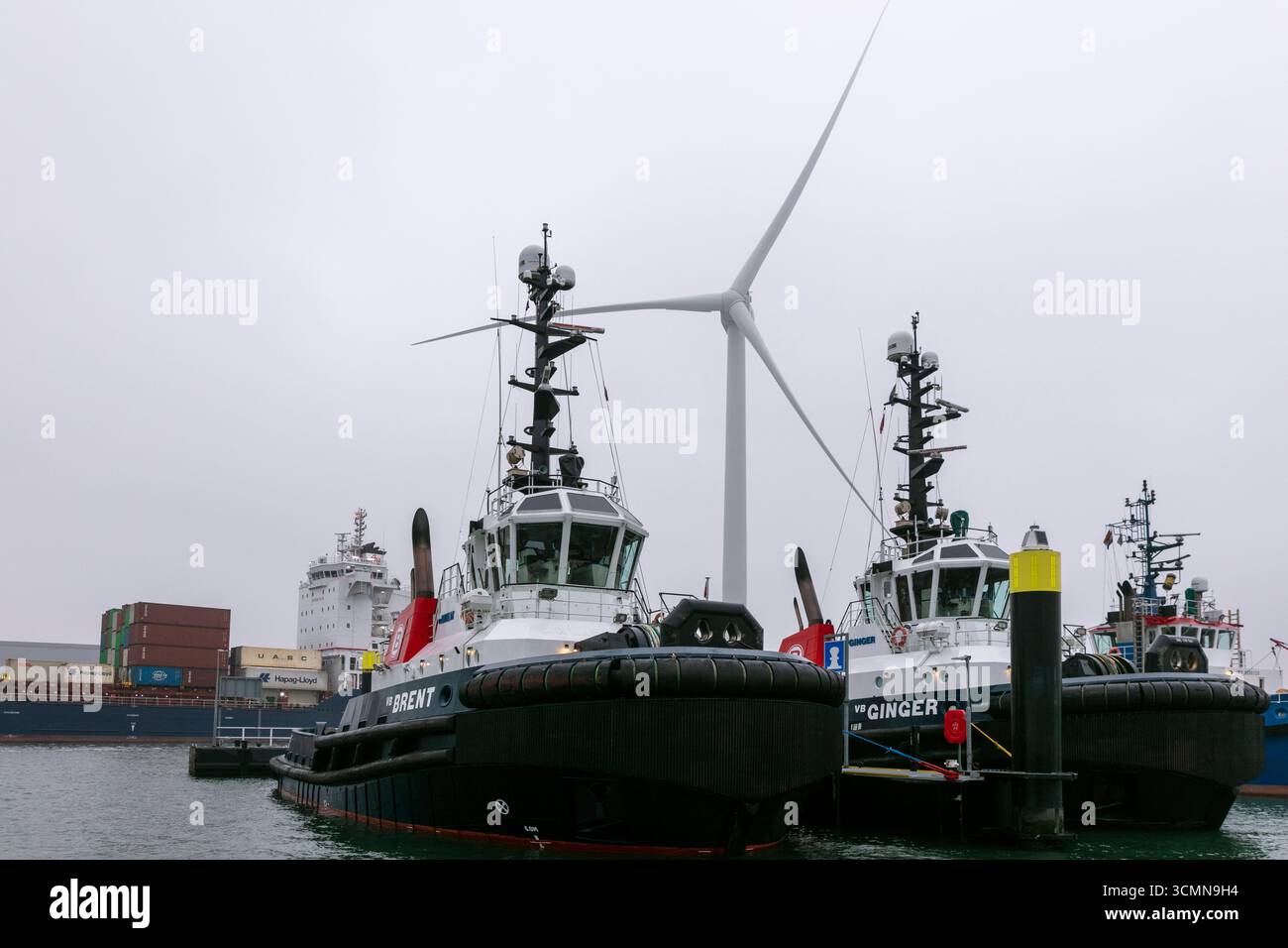 I rimorchiatori BV Brent e Ginger sono ormeggiati in una giornata nebbiosa nel porto di Rotterdam, Paesi Bassi, con una turbina eolica che sorge sullo sfondo sopra il lungomare industriale e acque calme. Foto Stock