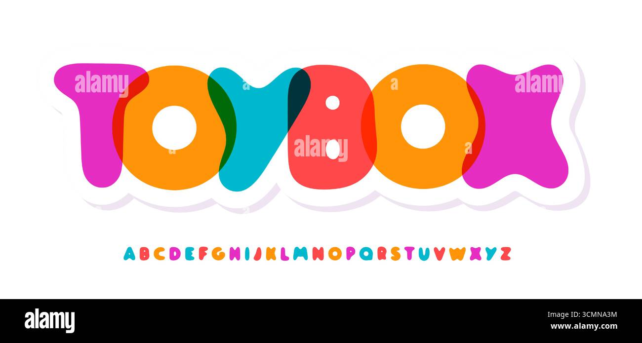 Alfabeto palloncino giocoso, tipo cartone animato a colori con lettere a forma di bolla in grassetto, carattere gioioso per il titolo della sala giochi della zona bambini, logo della festa per bambini, asilo Illustrazione Vettoriale