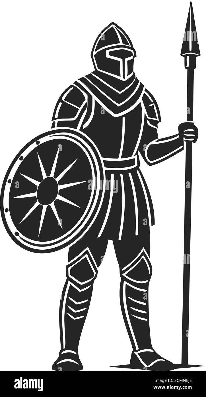 Cavaliere in piedi silhouette da guardia emblema di guerriero medievale Illustrazione Vettoriale