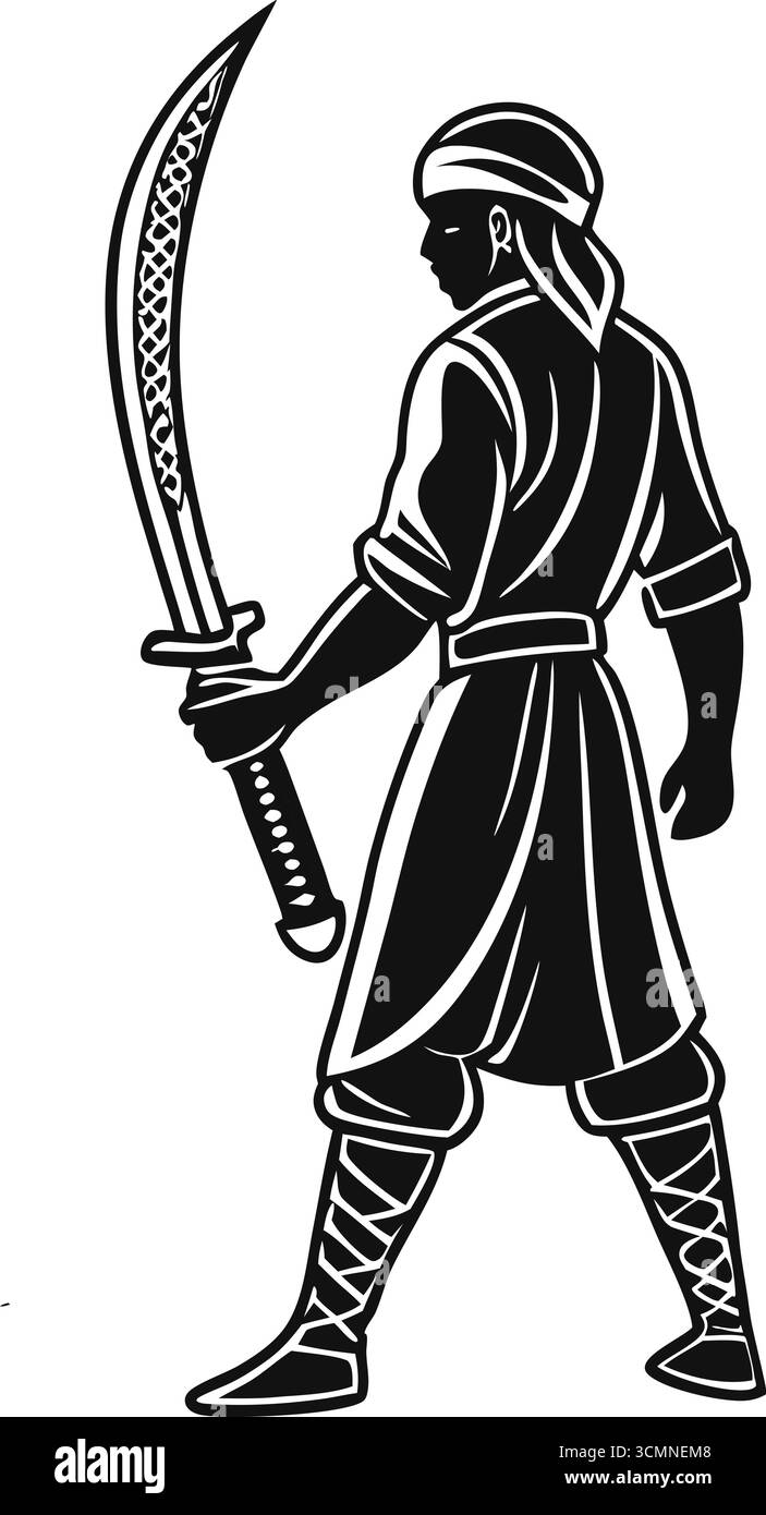 Silhouette da guerriero del deserto con arma curva Illustrazione Vettoriale