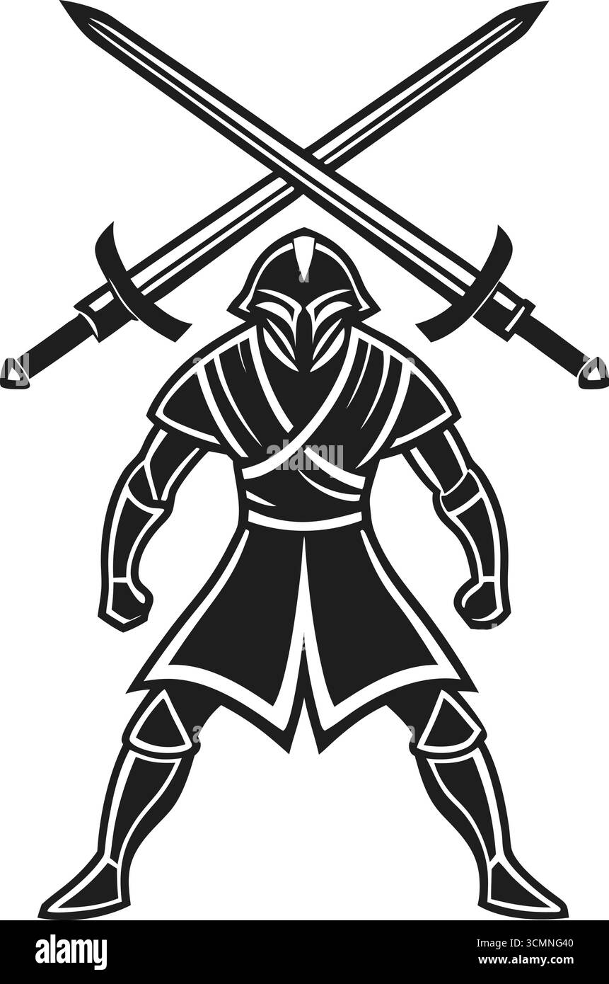 Silhouette guerriera con due armi incrociate Illustrazione Vettoriale Silhouette guerriera con due armi incrociate Illustrazione Vettoriale