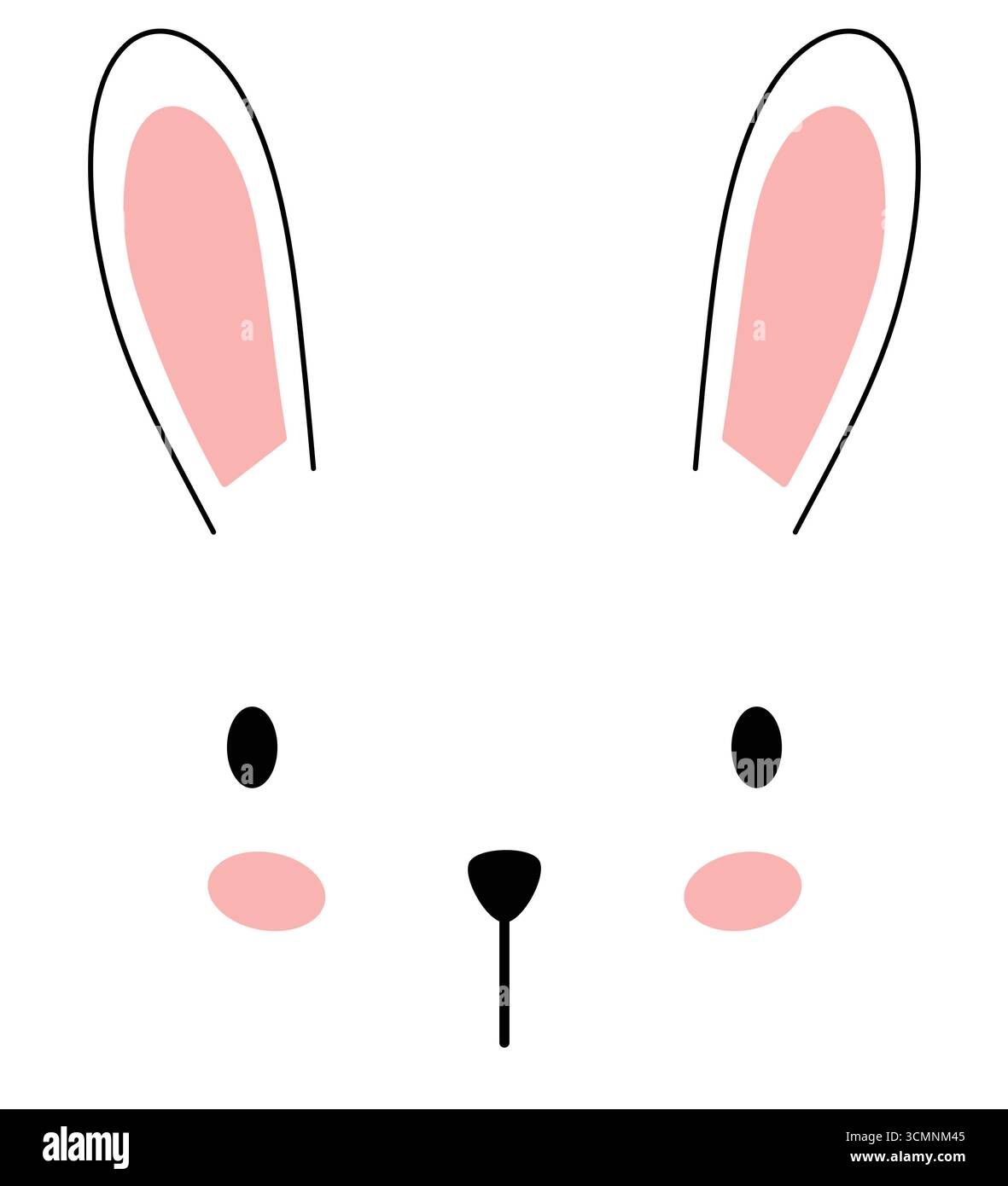 Il volto del coniglio, un'illustrazione minimalista e affascinante con orecchie lunghe, guance rosate e un simpatico naso a bottone con sfondo pulito e isolato. Illustrazione Vettoriale