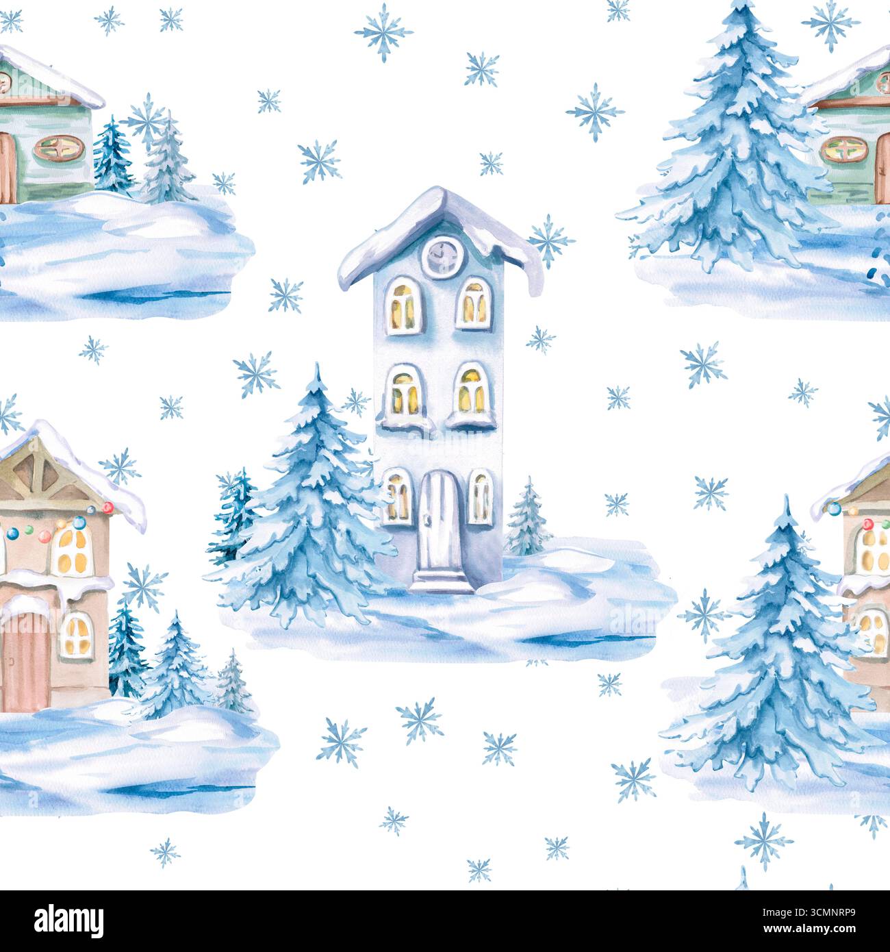 Motivo senza cuciture con case invernali da favola. Illustrazione ad acquerello sul tema natalizio per decorare confezioni, interni e stampe Foto Stock