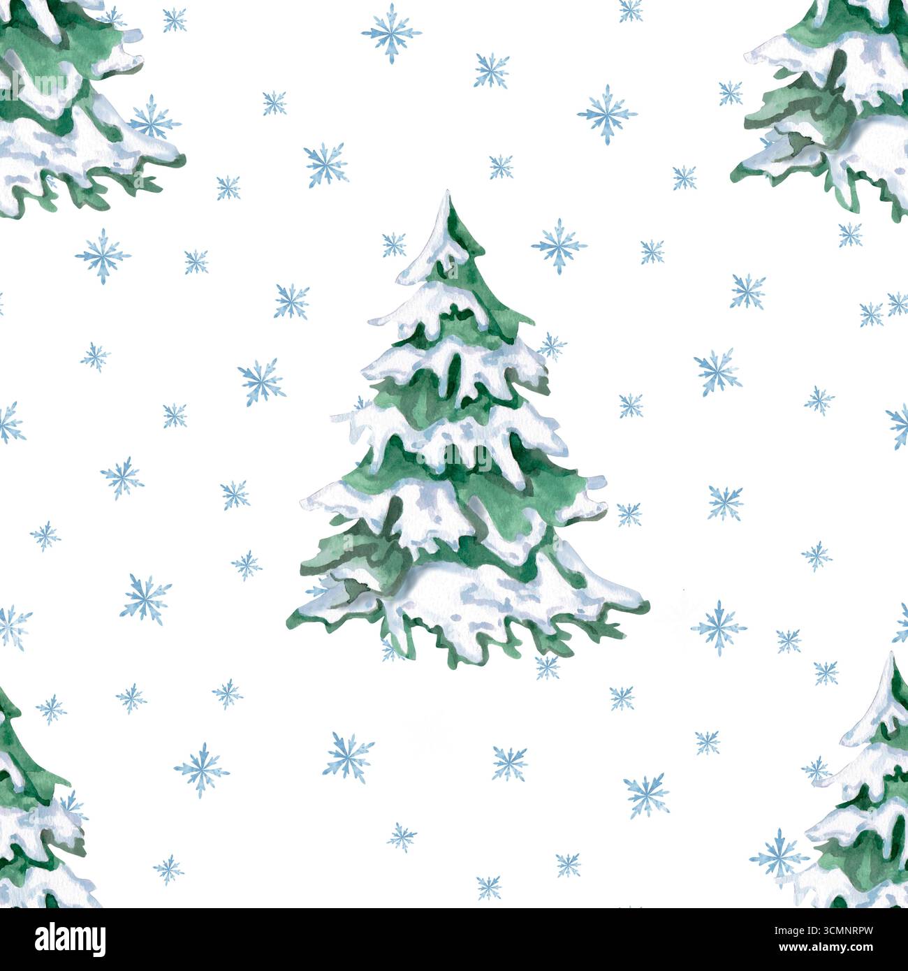 Motivo senza cuciture con alberi di Natale sullo sfondo dei fiocchi di neve. Illustrazione ad acquerello sul tema natalizio per confezioni, interni e stampe Foto Stock