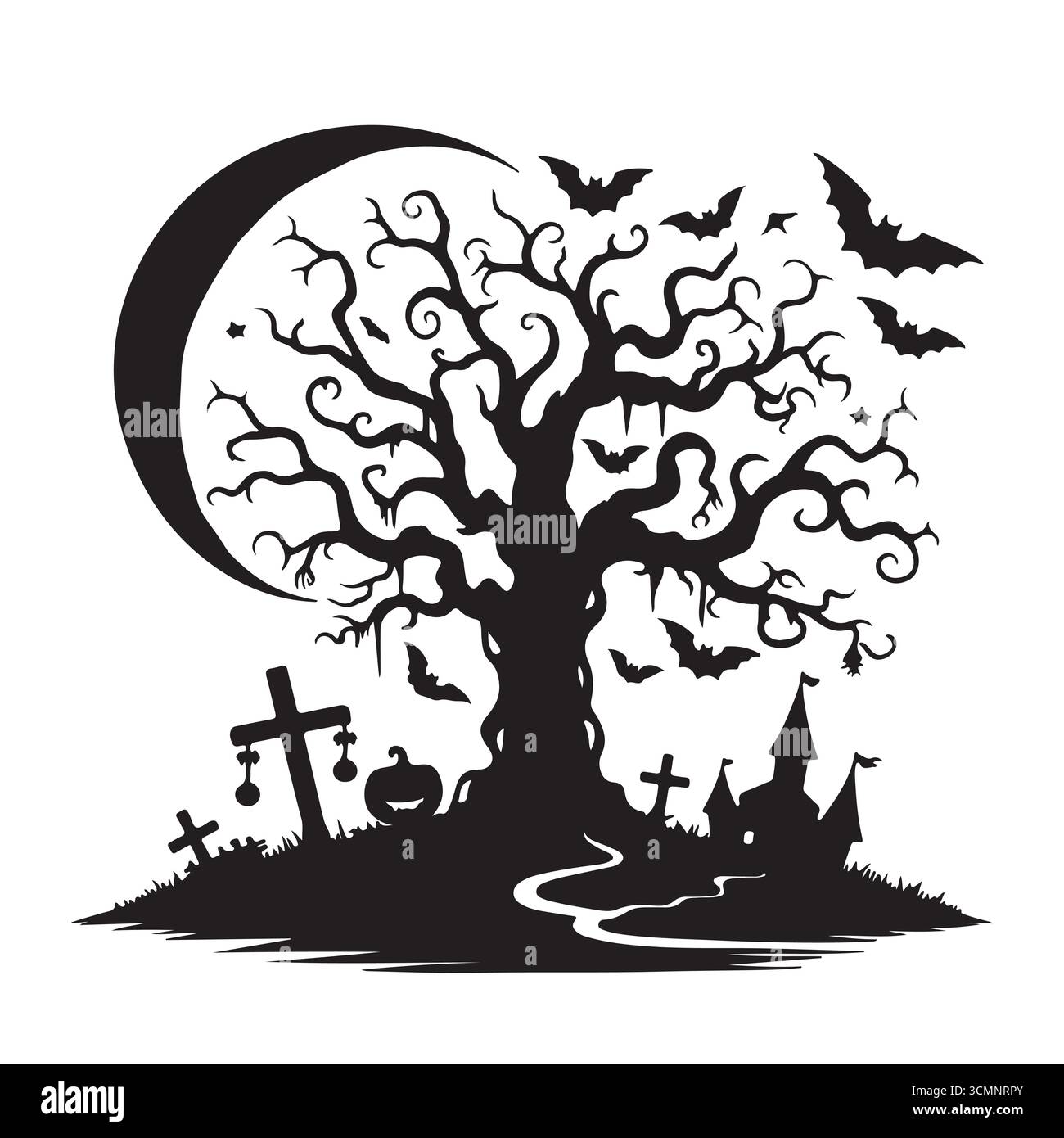 Una spaventosa silhouette di albero caratterizzata da lunghi rami storti e una zucca solitaria seduta alla base. Una spaventosa silhouette ad albero caratterizzata da un branche lungo e storto Illustrazione Vettoriale
