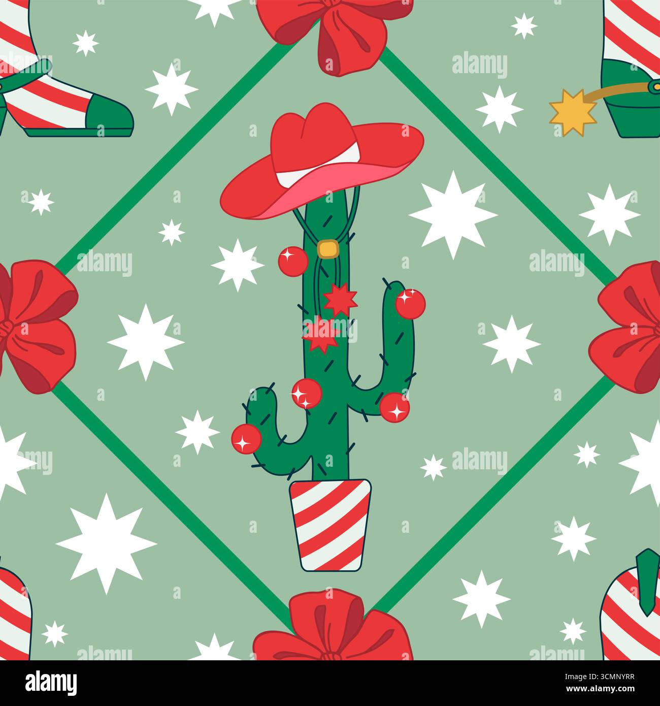 Motivo natalizio Cowgirl senza cuciture. Tema Cowboy invernale, stivali come bastone di caramelle natalizie, cactus come Christmas Three e fiocco in stile natalizio rosso e verde. Stampa per carta da imballaggio, festa di Capodanno. Illustrazione Vettoriale