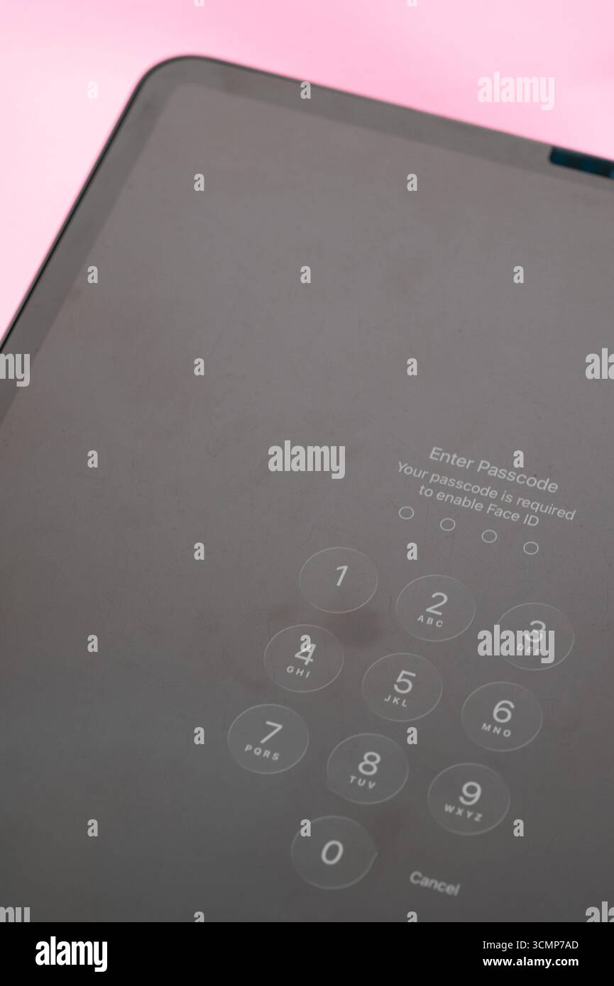 New York, USA - 15 settembre 2025: Inserire il codice di accesso sullo schermo del tablet iPad vista ravvicinata Foto Stock