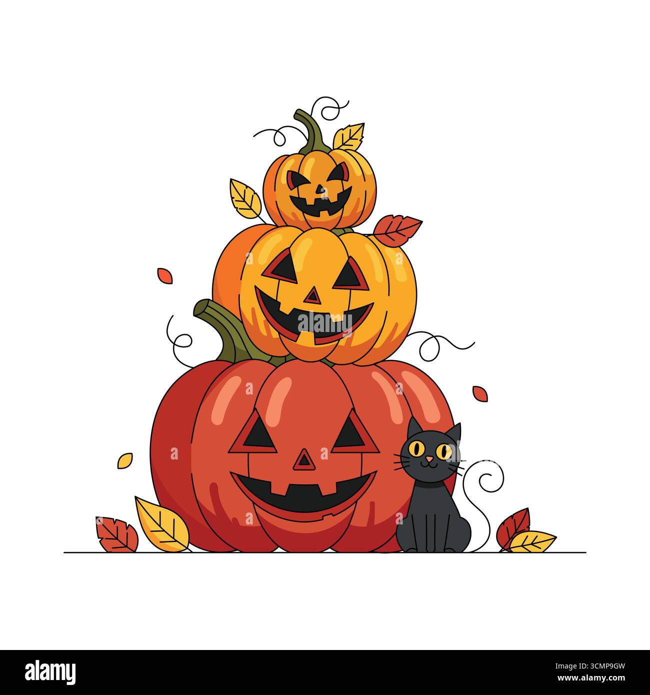 Spaventosa pila di zucche scolpite di halloween con un gatto nero e un vettore di foglie autunnali Illustrazione Vettoriale