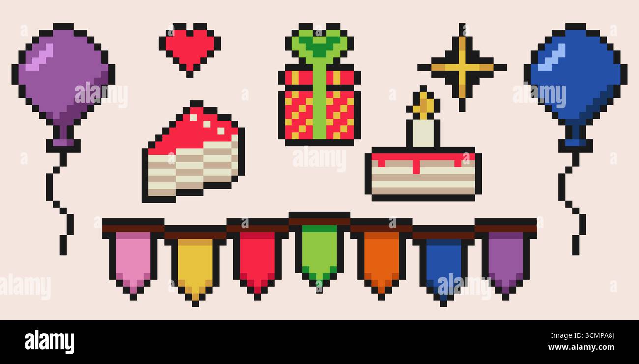 Compleanni elementi pixel anno 2000. Palloncini a 8 bit in stile retrò, bandiera a grappolo, torta di compleanno e regalo Illustrazione Vettoriale