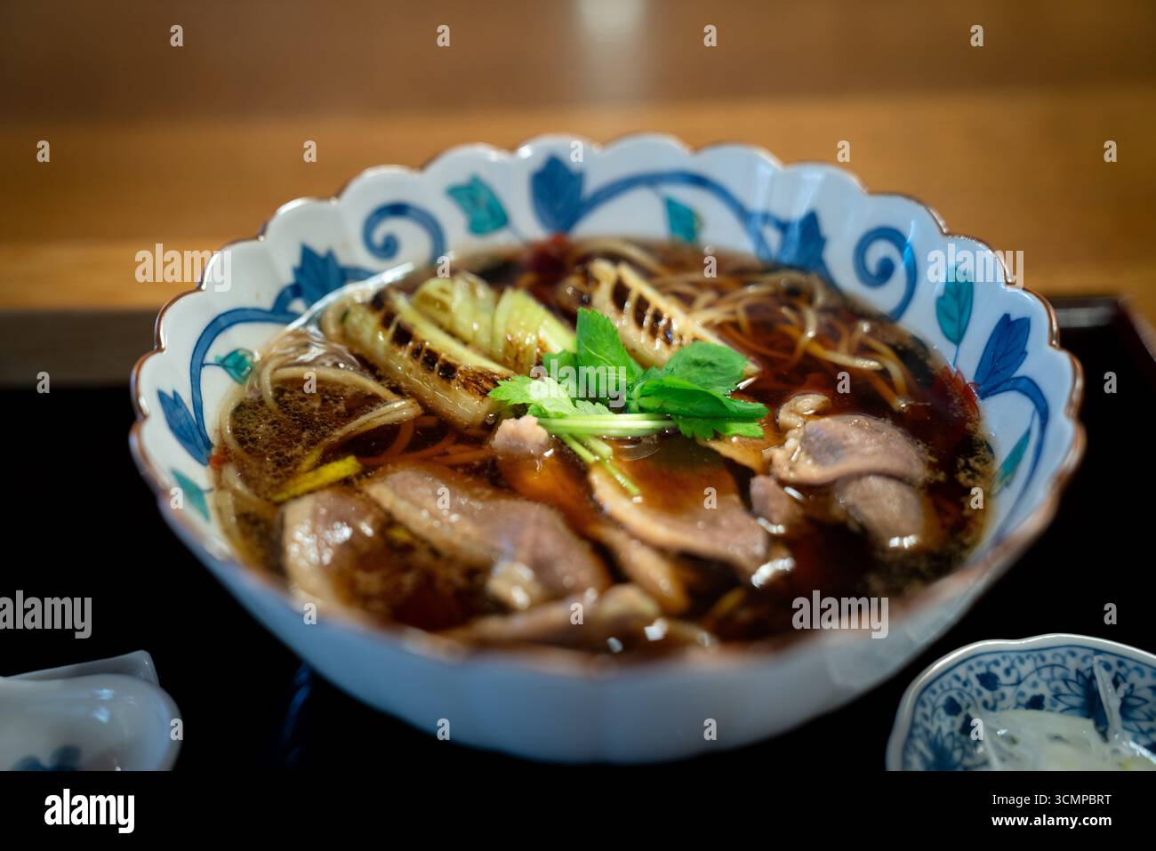 Una ciotola fumante di ramen d'anatra giapponese con ricco brodo, teneri fette d'anatra, spaghetti e condimenti freschi serviti in stile tradizionale. Foto Stock