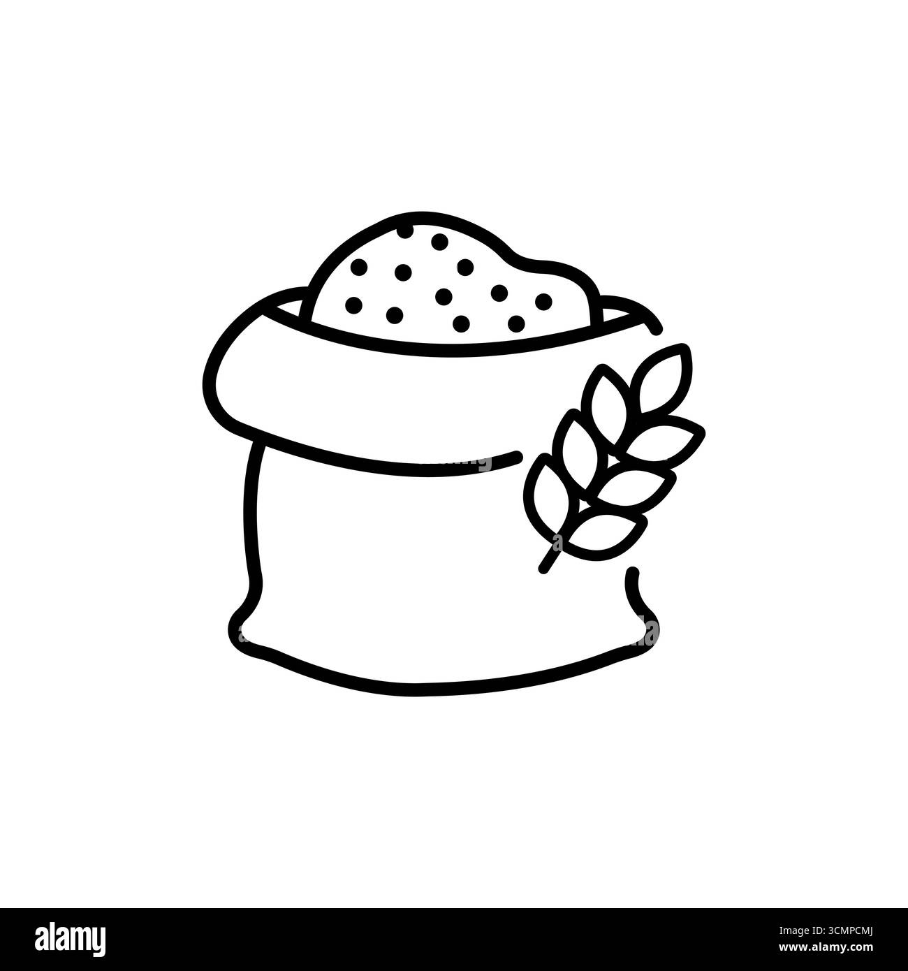 Icona del sacco di grano. Sacchetto di grano, agricoltura agricola, sacca per mangimi, sacco per semi. Orecchie di grano e sacchetto di farina. Pittogramma del logo della farina del pane. Vettore i tratto modificabile Illustrazione Vettoriale