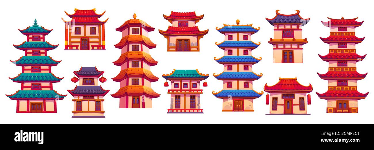 Cartoon edifici asiatici e torri di un antico tempio o pagoda, set vettoriale. Edifici cinesi o case di architettura giapponese e coreana, tradizionali sacrari pagoda orientali o torri cittadine asiatiche Illustrazione Vettoriale