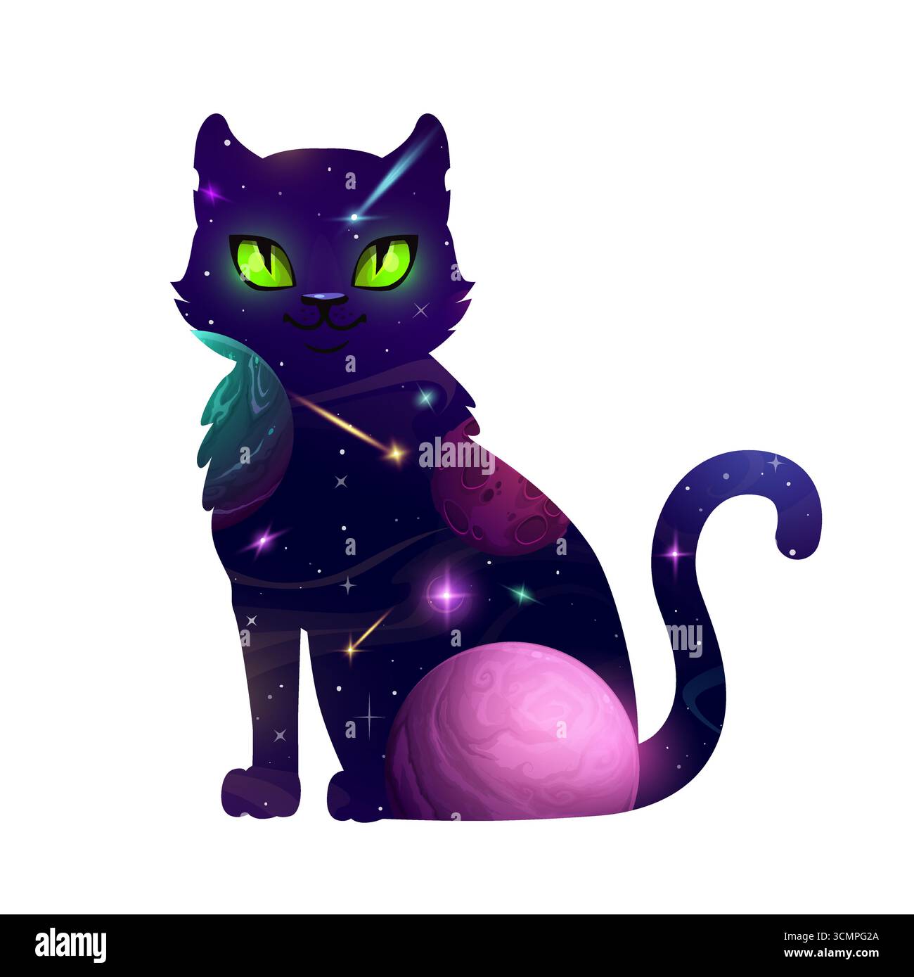Gatto spaziale, fantasia vettoriale, sagoma felino celeste piena di una scena cosmica di galassia, con occhi verdi brillanti, pianeti, stelle e comete sparatorie, mescolando fascino mistico con lo spazio esterno Illustrazione Vettoriale
