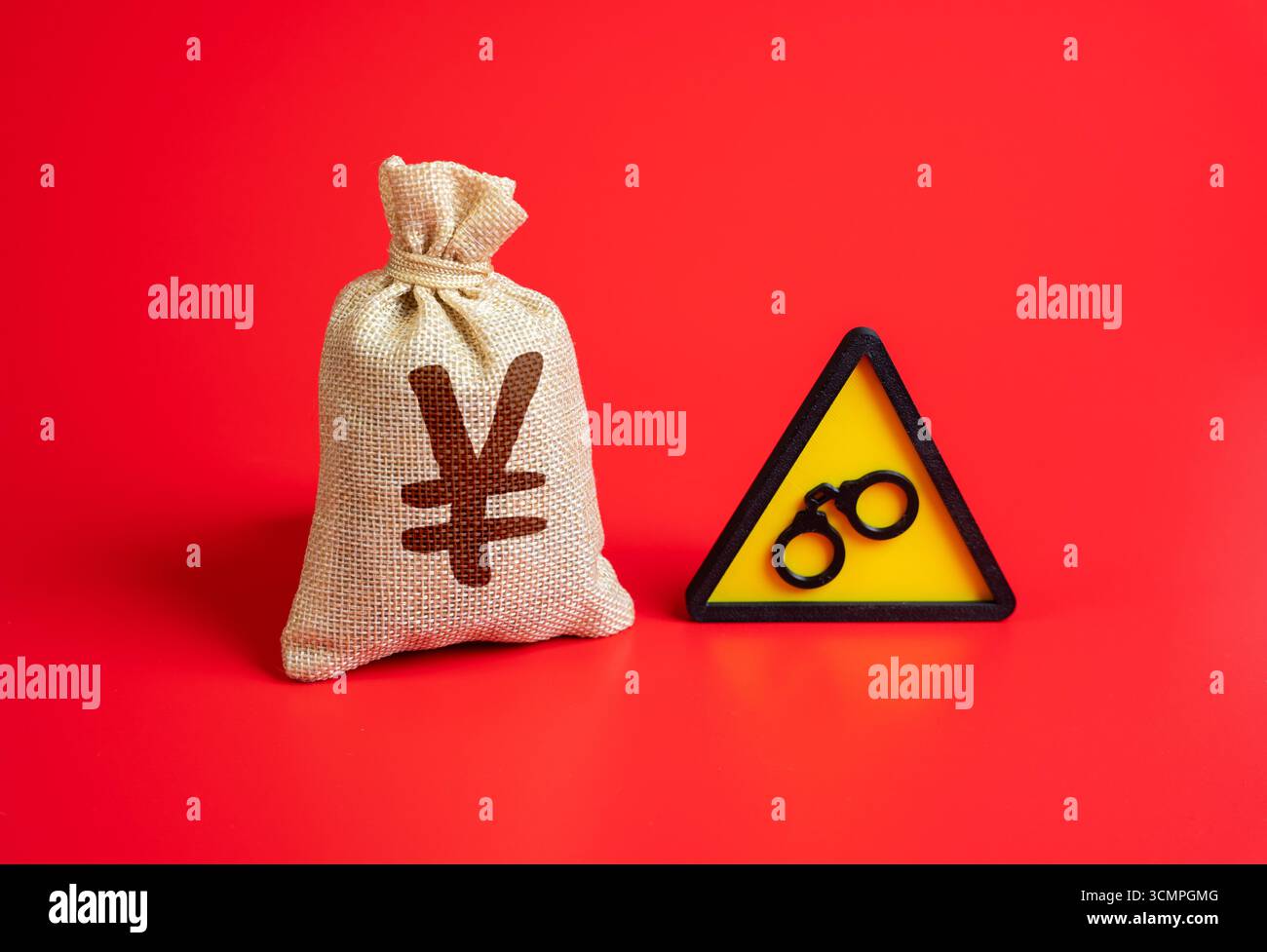 Borsa dei soldi yen o Yuan e simbolo dell'arresto. Congelamento dei beni finanziari. Indagine sul riciclaggio di denaro o sulla criminalità finanziaria. Simbolo delle sanzioni, c Foto Stock