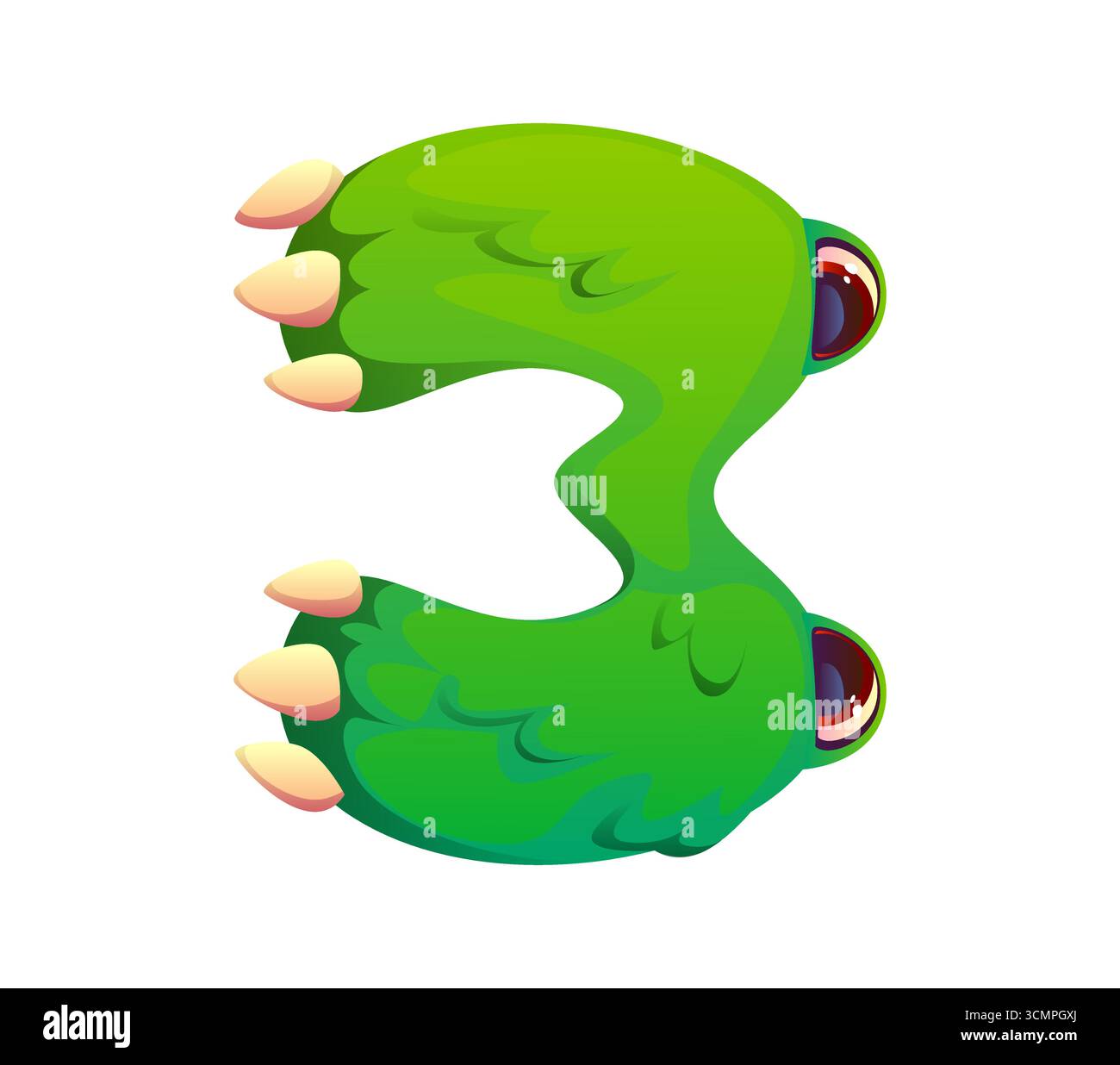 Bizzarro carattere mostro cifra 3 tre. Crazy bugaboo creature Kids, simbolo numerico di tipo ABC, carattere vettoriale del personaggio dei cartoni animati di Halloween bogle. Carattere mostro alfabeto carattere carattere carattere carattere carattere carattere carattere carattere carattere Illustrazione Vettoriale