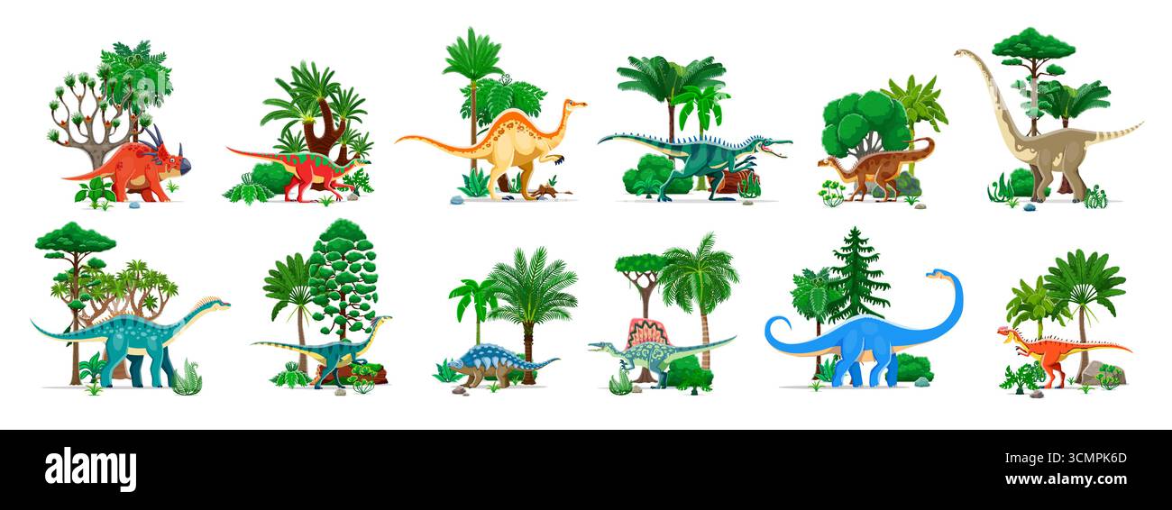 Personaggi dei dinosauri preistorici, giungle dell'era giurassica, set vettoriale di cartoni animati. Specie di dinosauri per il museo del parco dei dinosauri, l'atlante paleontologico per bambini o l'enciclopedia delle lucertole preistoriche Illustrazione Vettoriale
