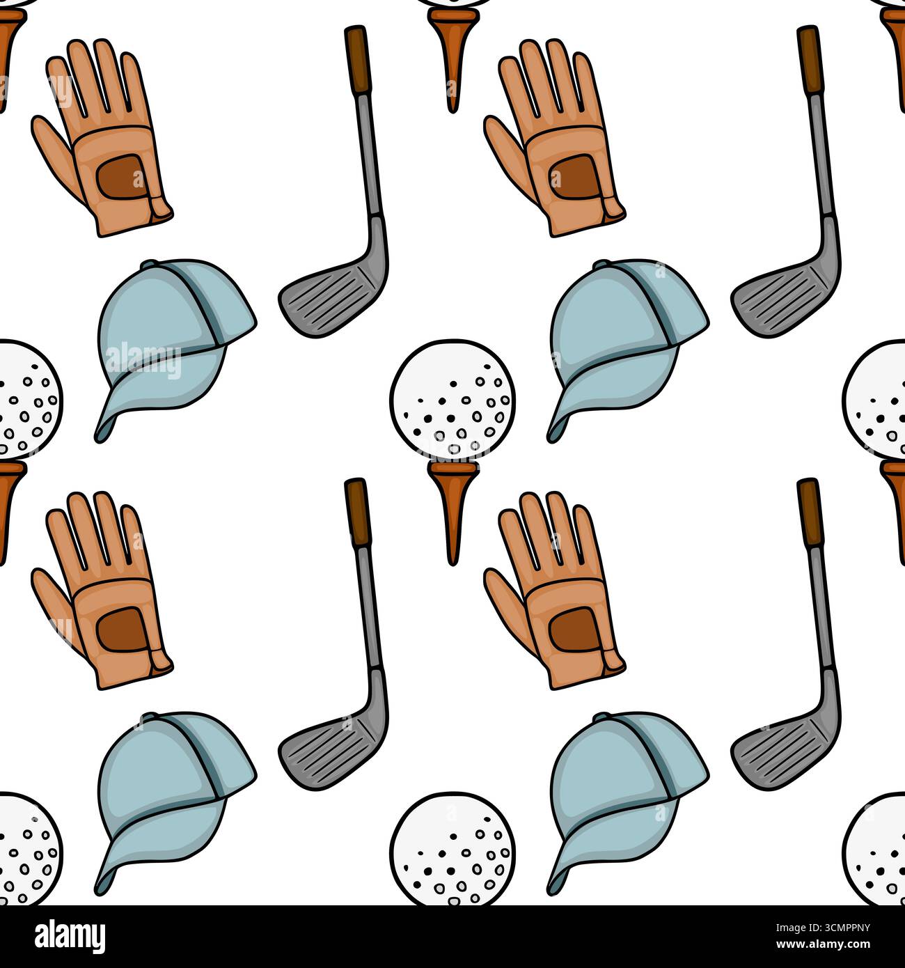 Motivo vettoriale senza cuciture con attrezzatura da golf disegnata a mano: golf club, pallina su tee, guanto e cappellino, in una tavolozza di colori chiari, perfetta per lo sport Illustrazione Vettoriale
