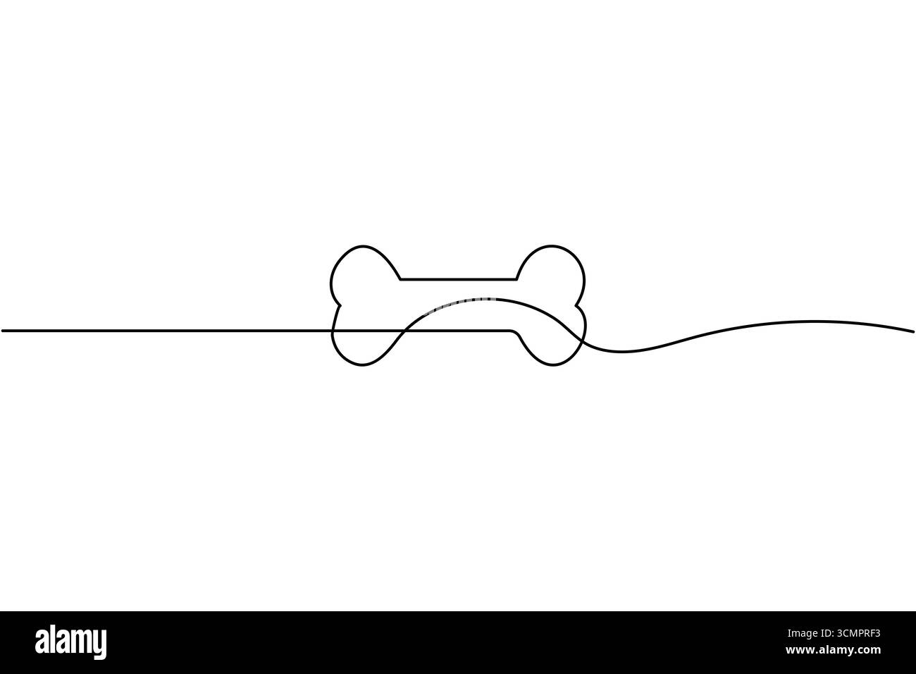 Disegno a linea nera continua singola di un osso di cane con una linea ondulata che passa attraverso di esso su sfondo bianco Illustrazione Vettoriale
