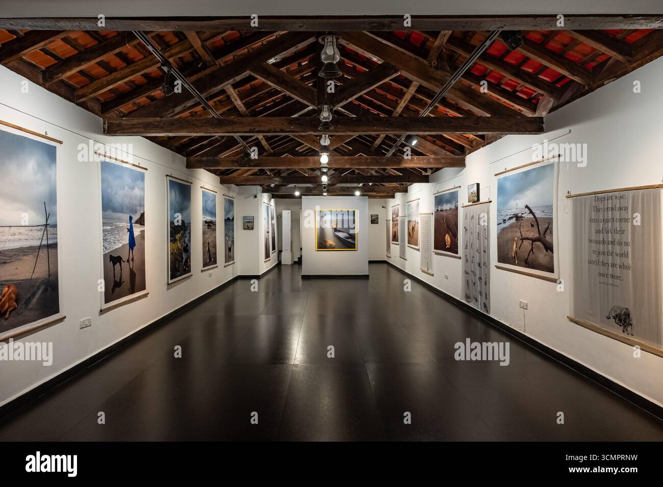 Grandi dipinti sulle pareti all'interno del Museum Fort Aguada. Sala espositiva della galleria d'arte di Candolim Goa India. Interno del museo d'arte con colle Foto Stock