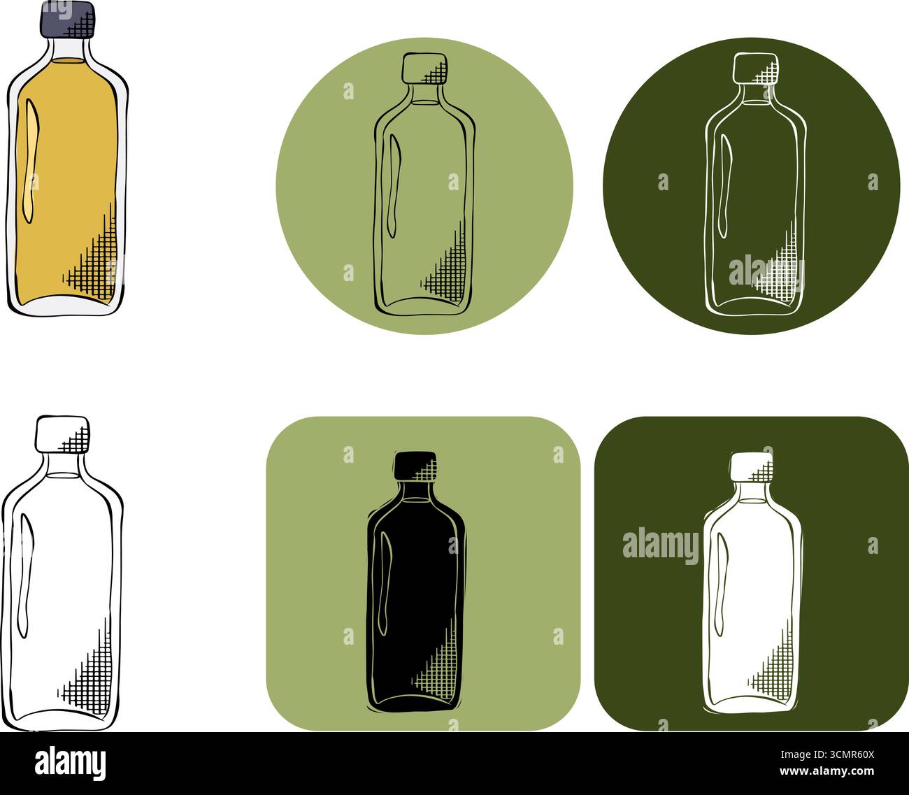 Logotipo di olio d'oliva. Illustrazione colorata con inchiostro a linee grafiche vettoriali. Firma silhouette per logo, stampa, fumetti, moda, pop art, tavole, design, adesivi, Illustrazione Vettoriale