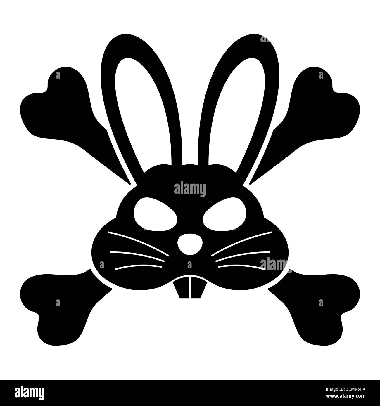 Illustrazione Angry Bunny Skull and Crossbones. Audace illustrazione vettoriale nera di un volto di coniglio animato arrabbiato disegnato in stile teschio e ossa incrociate Illustrazione Vettoriale