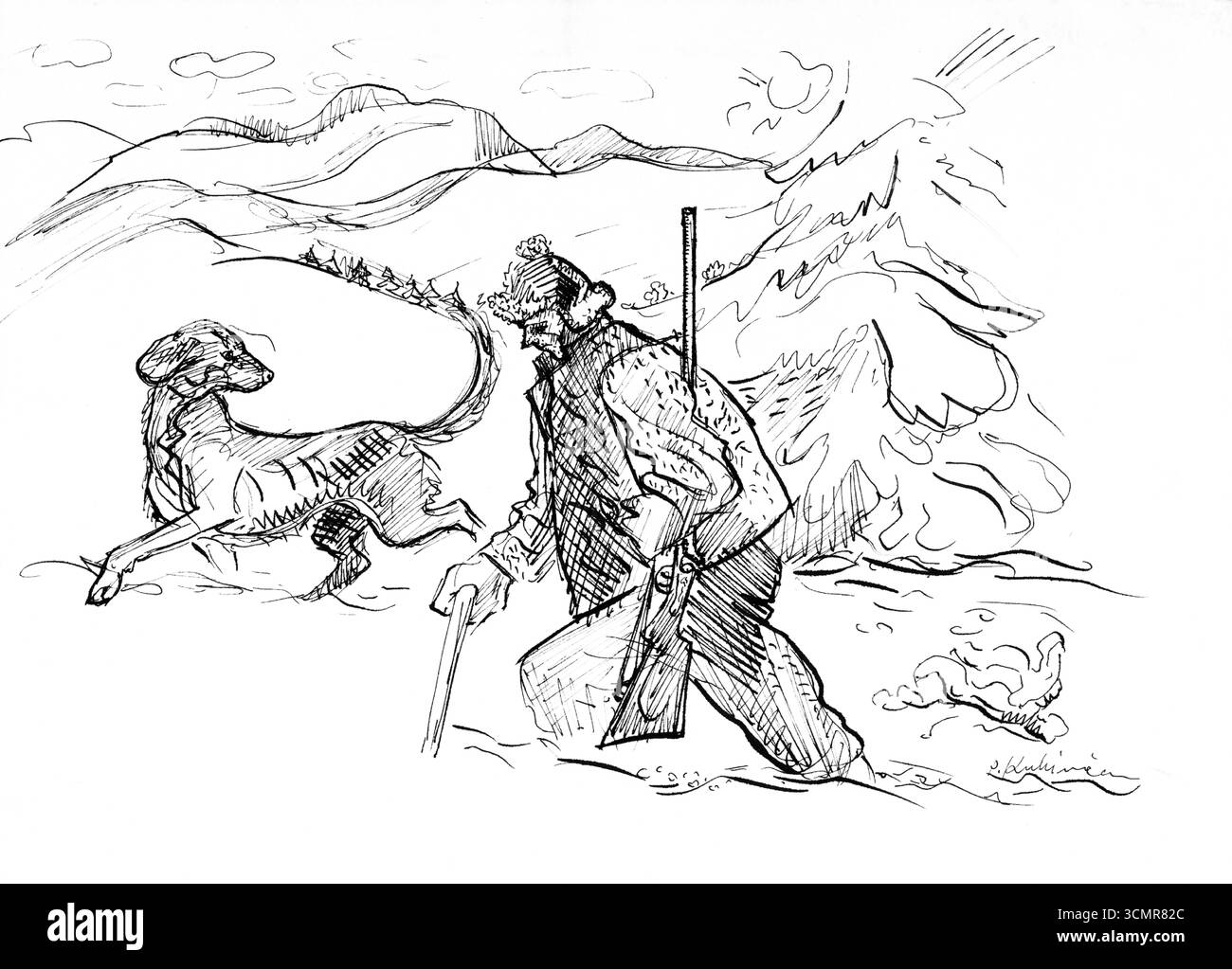 Un cacciatore con un cane di Arnold Peter Weisz Kubincan, scena di caccia all'inizio del XX secolo, disegno di belle arti europeo di dominio pubblico Foto Stock