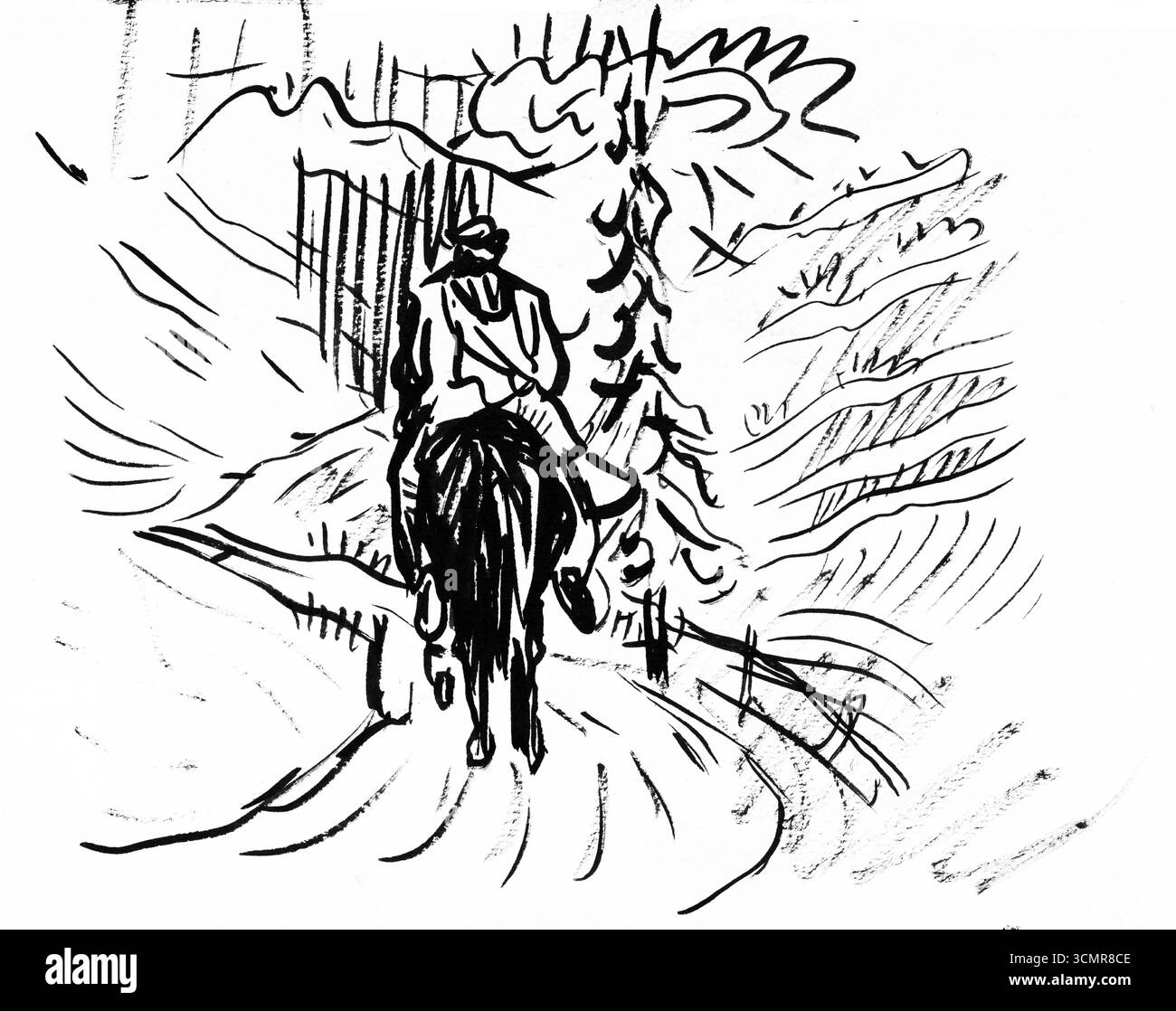 A Man on a Horse di Arnold Peter Weisz Kubincan, disegno di belle arti europeo dei primi anni del XX secolo, figura di pubblico dominio e schizzo di animali Foto Stock