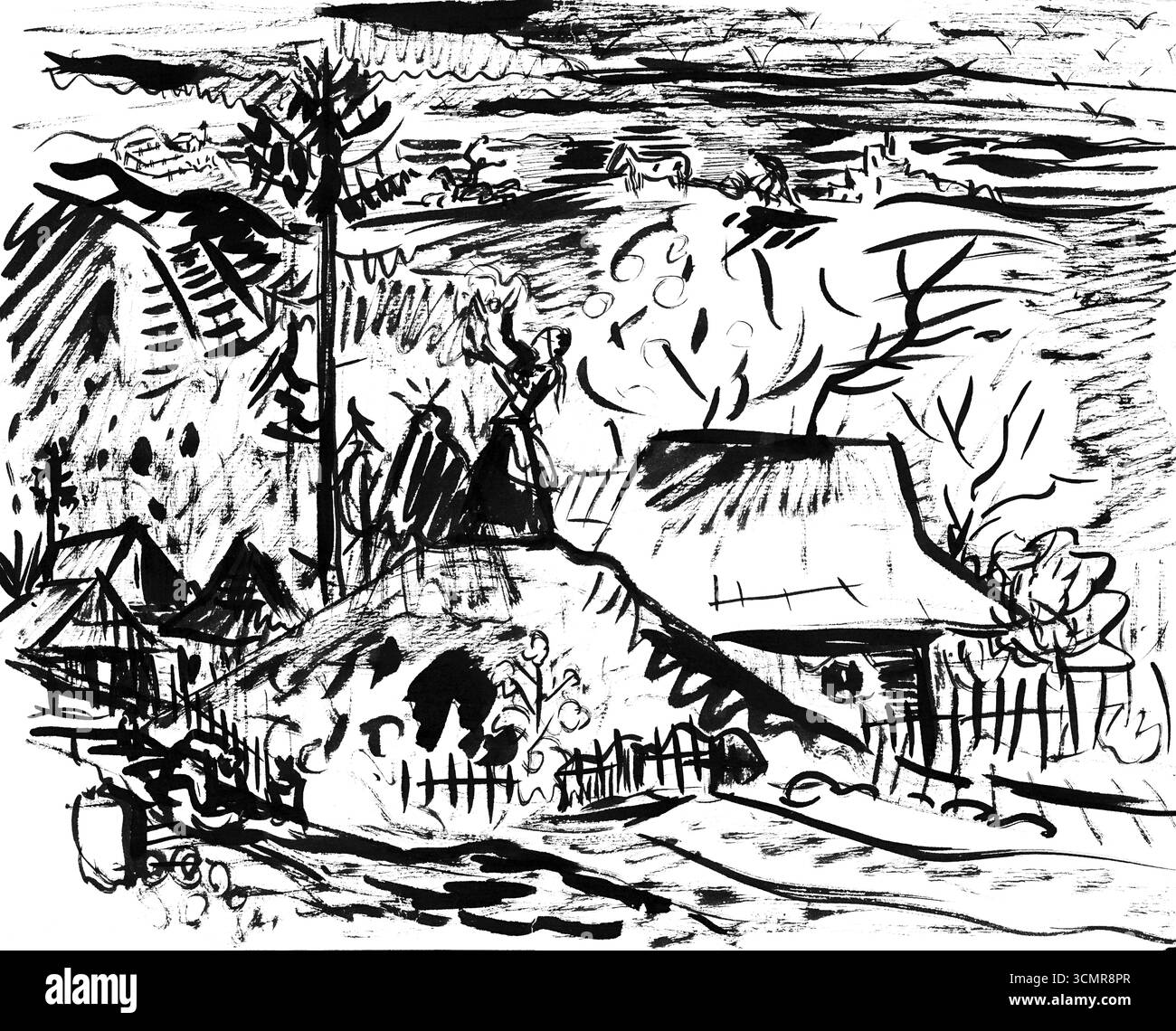 A Scene from Orava di Arnold Peter Weisz Kubincan, inizio XX secolo vita rurale slovacca disegno di belle arti, pubblico dominio europeo patrimonio Foto Stock