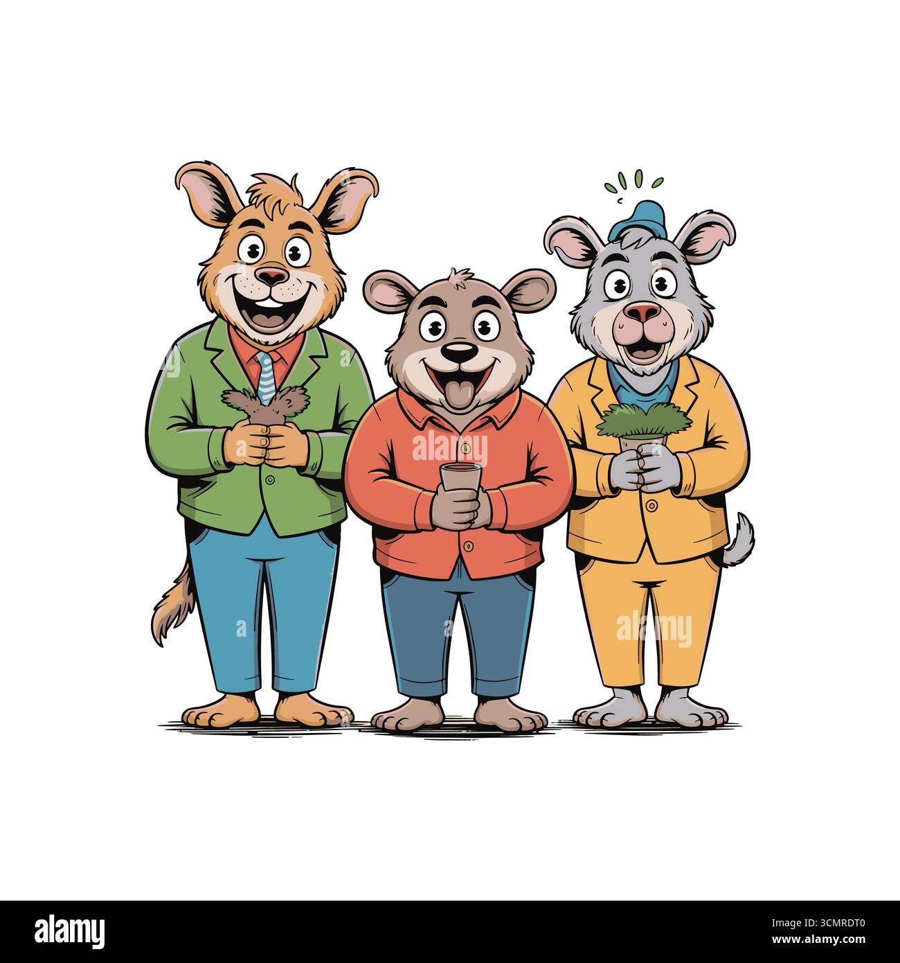 "Tre animali da cartone animato amichevoli in piedi insieme con espressioni allegre e stile" Illustrazione Vettoriale