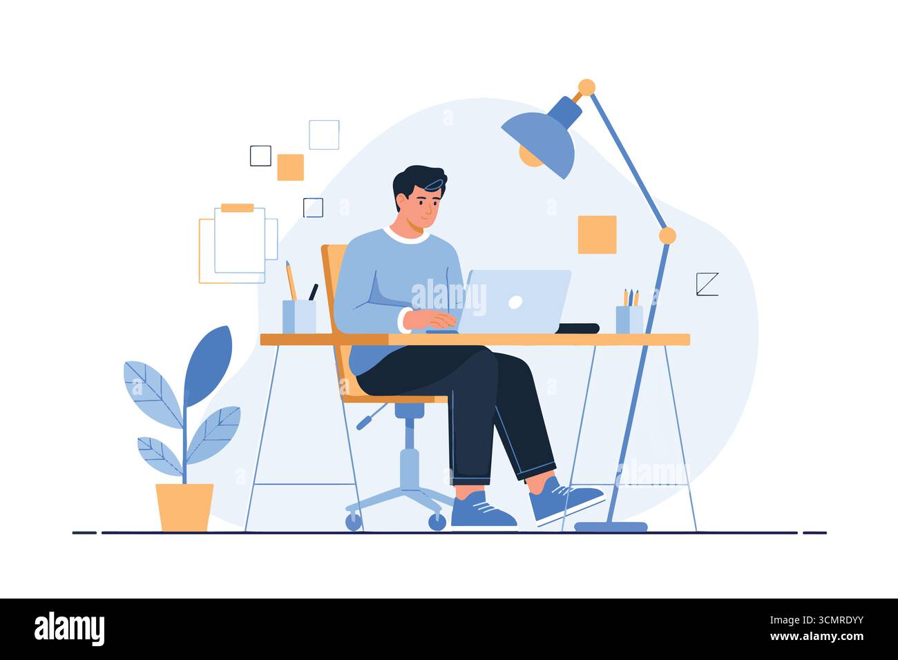 Uomo che lavora su un computer portatile alla scrivania con lampada e moderno ambiente di ufficio domestico Illustrazione Vettoriale