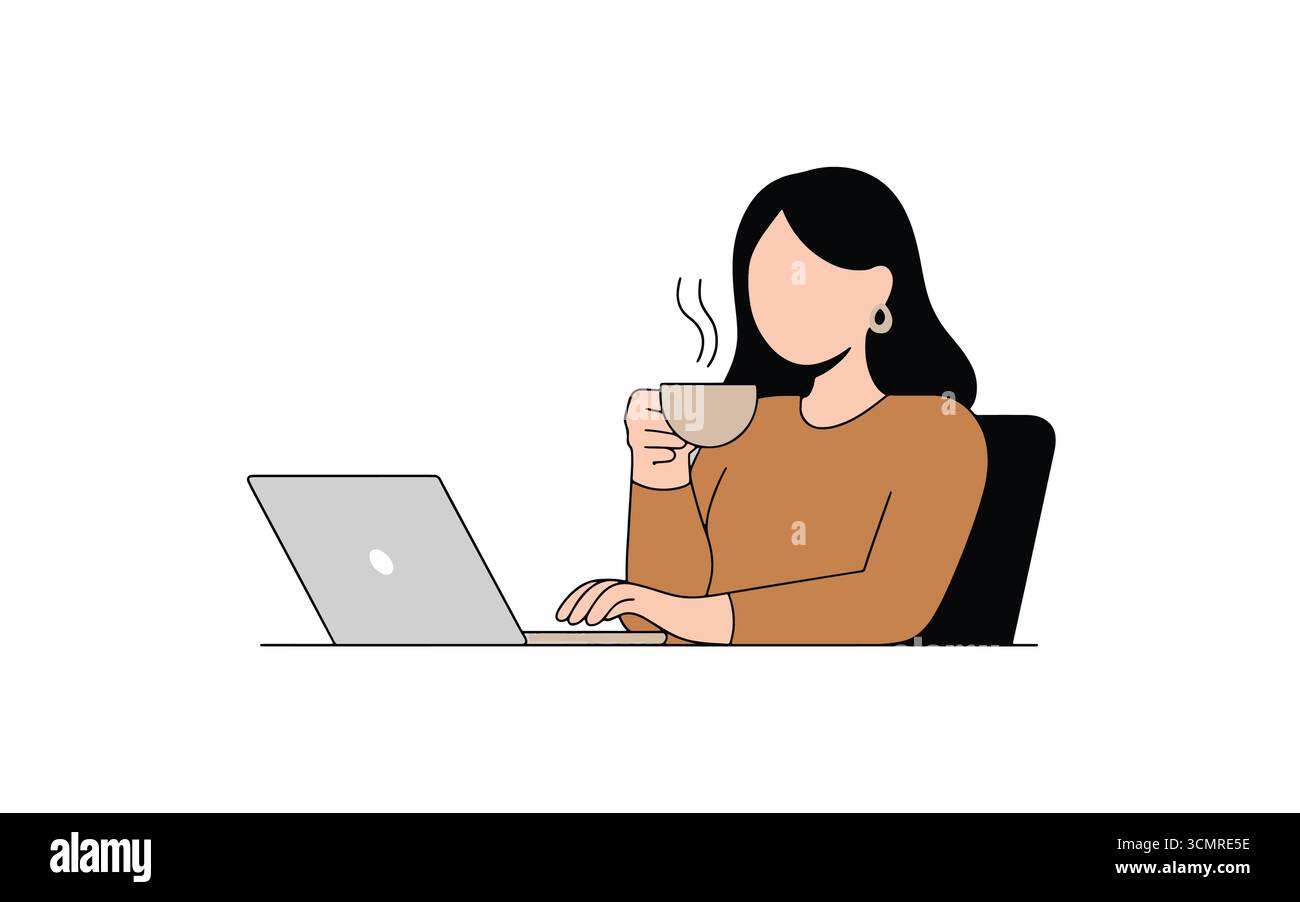 Donna minimalista che beve caffè mentre lavora a un'illustrazione per un moderno spazio di lavoro e un design per la produttività Illustrazione Vettoriale