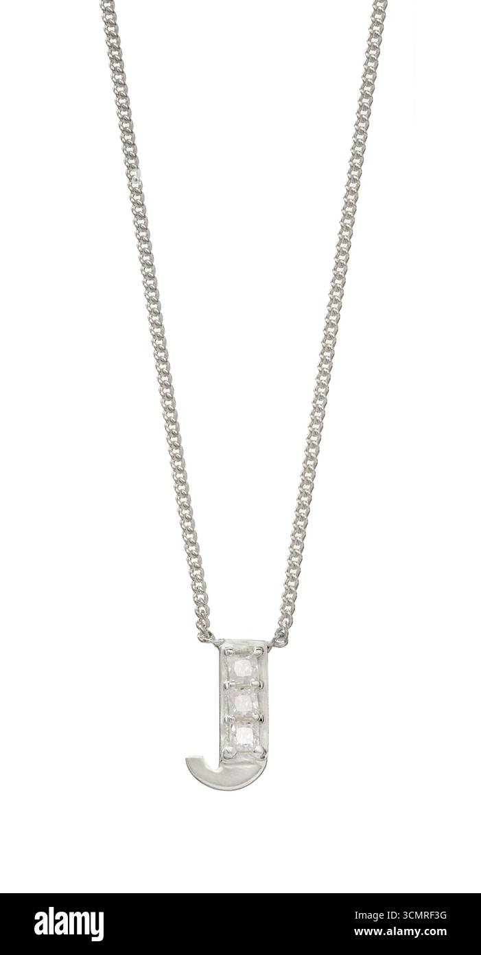 Collana monogramma con pendente lettera J su sfondo bianco Foto Stock
