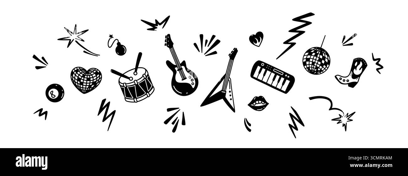 Sottofondo musicale punk rock n roll. Illustrazione vettoriale con l'icona a forma di scarabocchio disegnata a mano. Adesivo, tatuaggio, poster, graffiti. Feste retrò Illustrazione Vettoriale