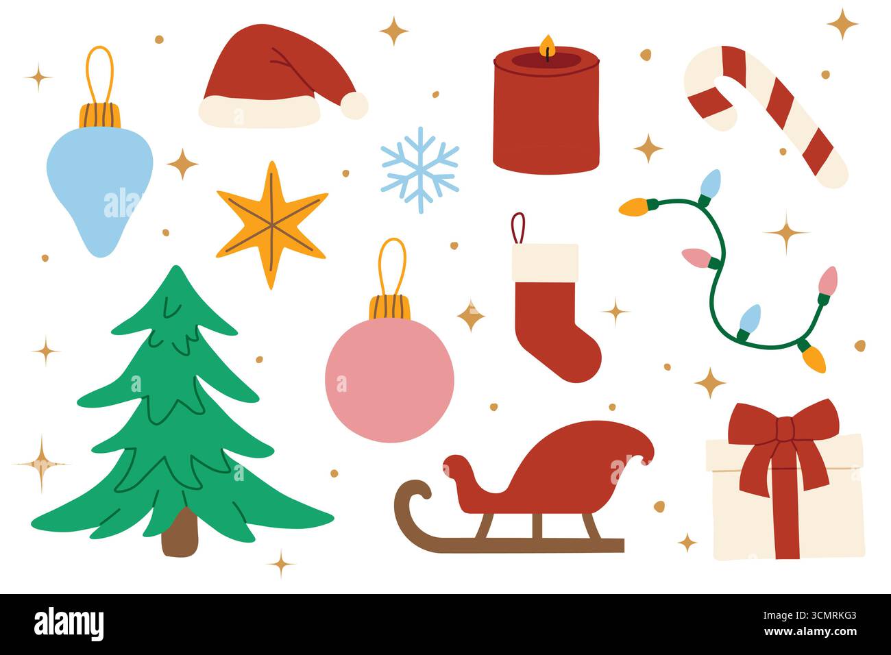 set di icone di natale: regalo, albero, stella, cappello di babbo natale, calza, slitta di babbo natale, bauble, luci, canna da zucchero, fiocco di neve, candela - illustrazione vettoriale Illustrazione Vettoriale