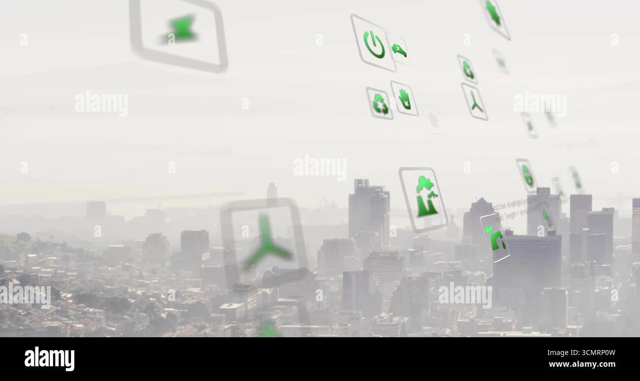 Icone di interfaccia fluttuanti che si affacciano sullo skyline urbano, mostrando motivi verdi della struttura dei nodi di riciclaggio dell'energia Foto Stock