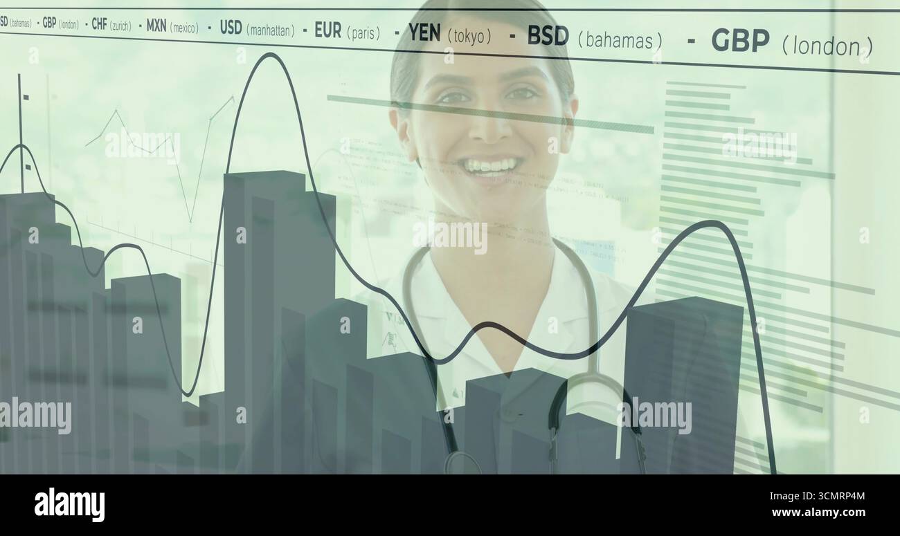 Medico donna che analizza i dati sul vetro in clinica, con istogramma 3D, camice da laboratorio e stetoscopio Foto Stock