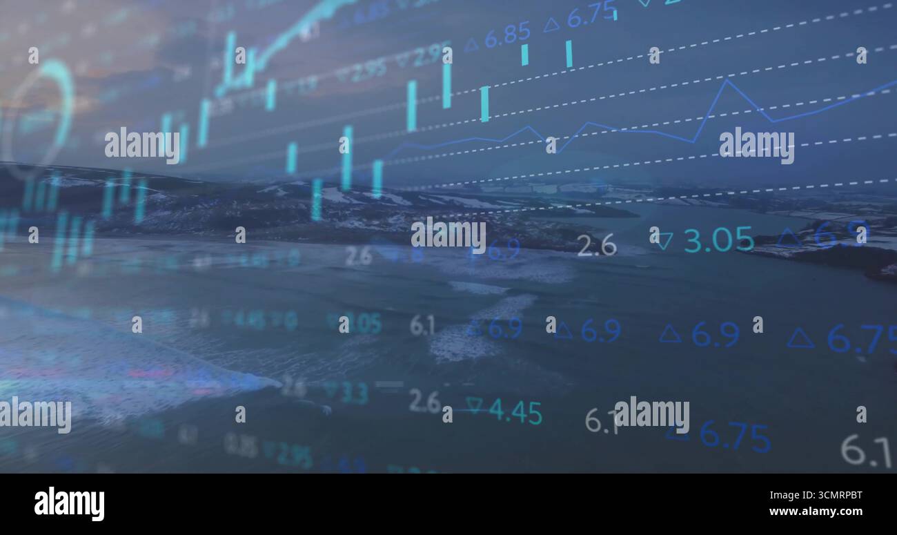 Barre di candele blu/verdi sovrapposte che evidenziano la baia costiera, con indicatori grafici a linee frastagliate Foto Stock