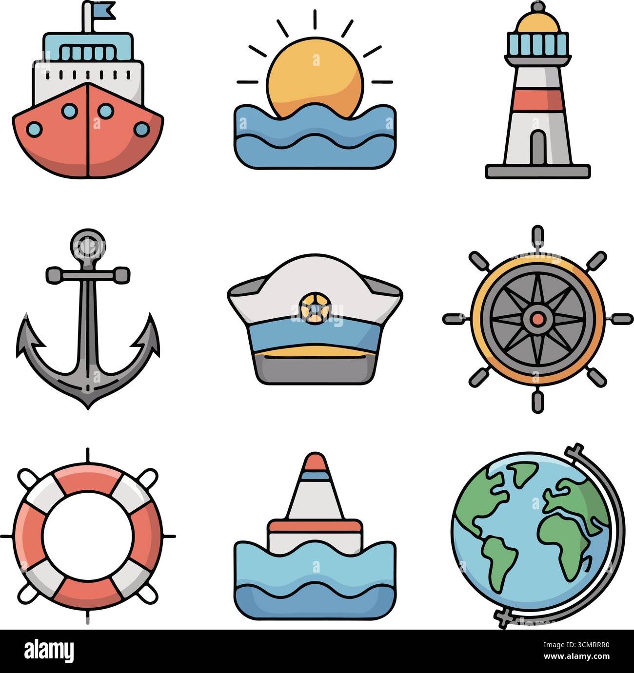 Colorato set di icone dei viaggi marittimi e marittimi con navigazione a vela e esplorazione dell'oceano Illustrazione Vettoriale