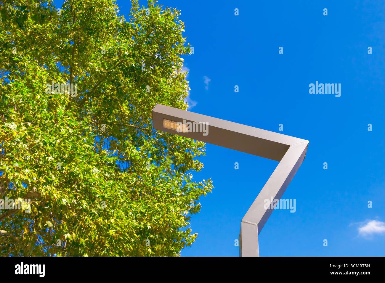 Una moderna lampada da strada con design angolare e pannello a LED si erge accanto a un albero verde frondoso, adagiato su un cielo blu limpido, a simboleggiare il design urbano a. Foto Stock
