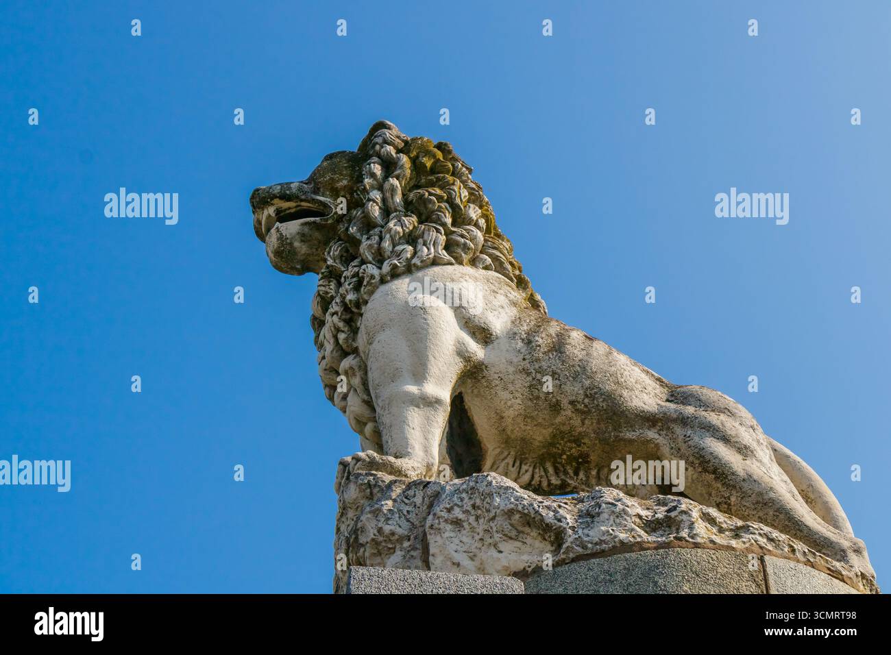 Una statua di leone in pietra con una criniera dettagliata si erge orgogliosamente contro un cielo blu brillante, simboleggiando forza, coraggio e patrimonio architettonico Foto Stock