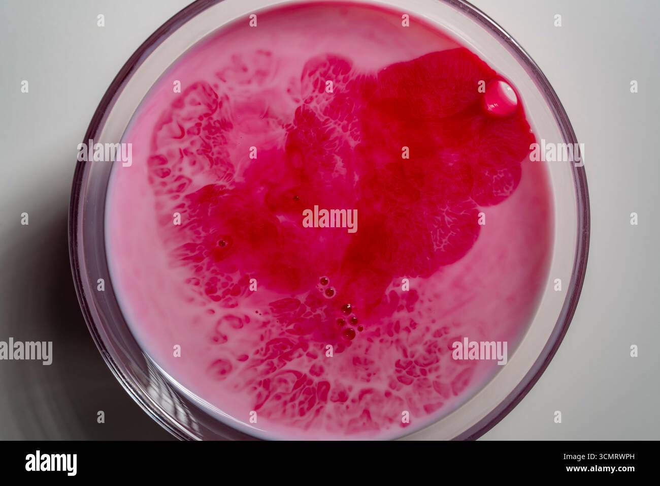 Superficie del latte bianco diluita con succo di lampone rosso fresco in vetro, vista dall'alto. Sfondo astratto di lampone e latte. Colore lampone Foto Stock